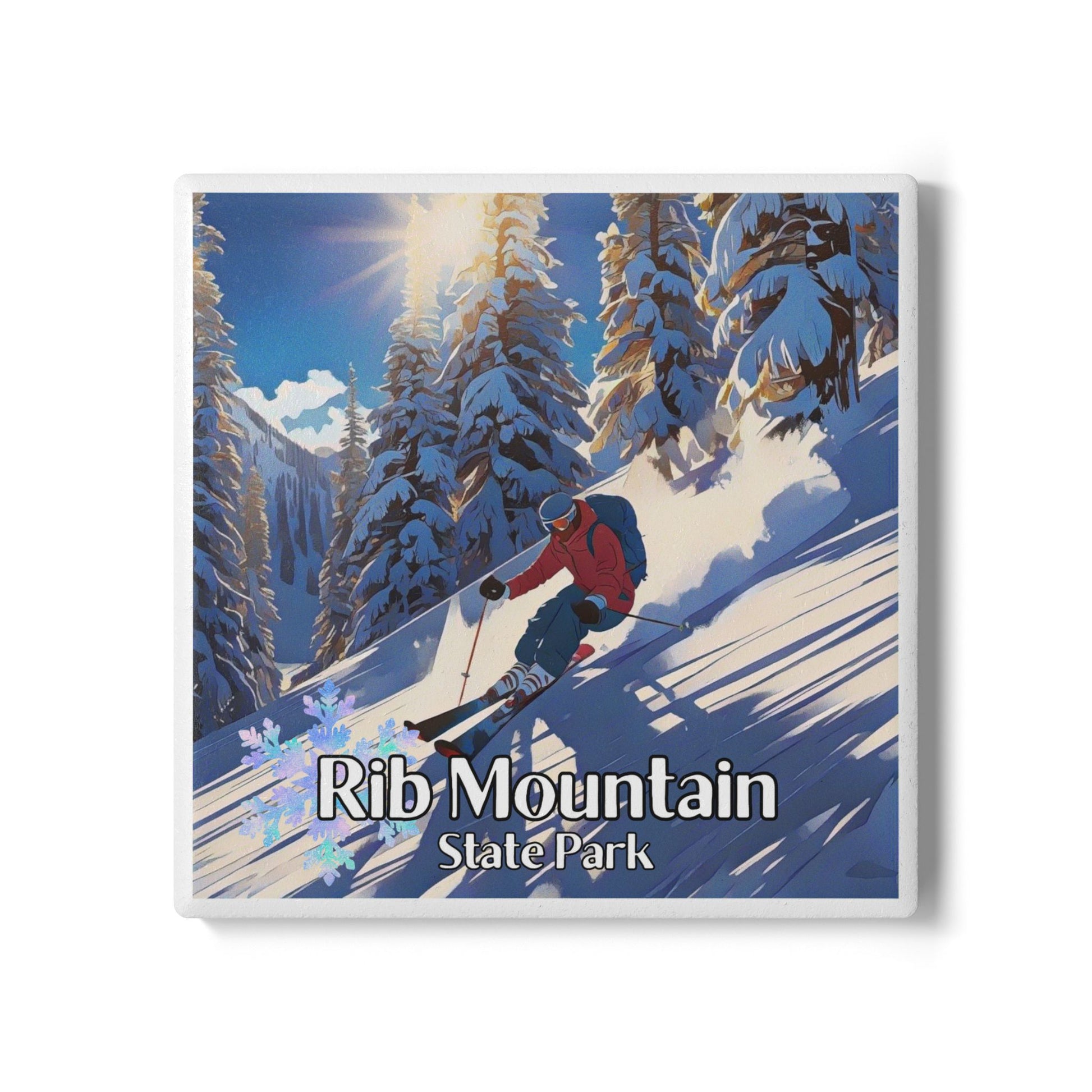 Ceramic coaster featuring a skier going down a snowy, wooded slope and the text: Rib Mountain State Park