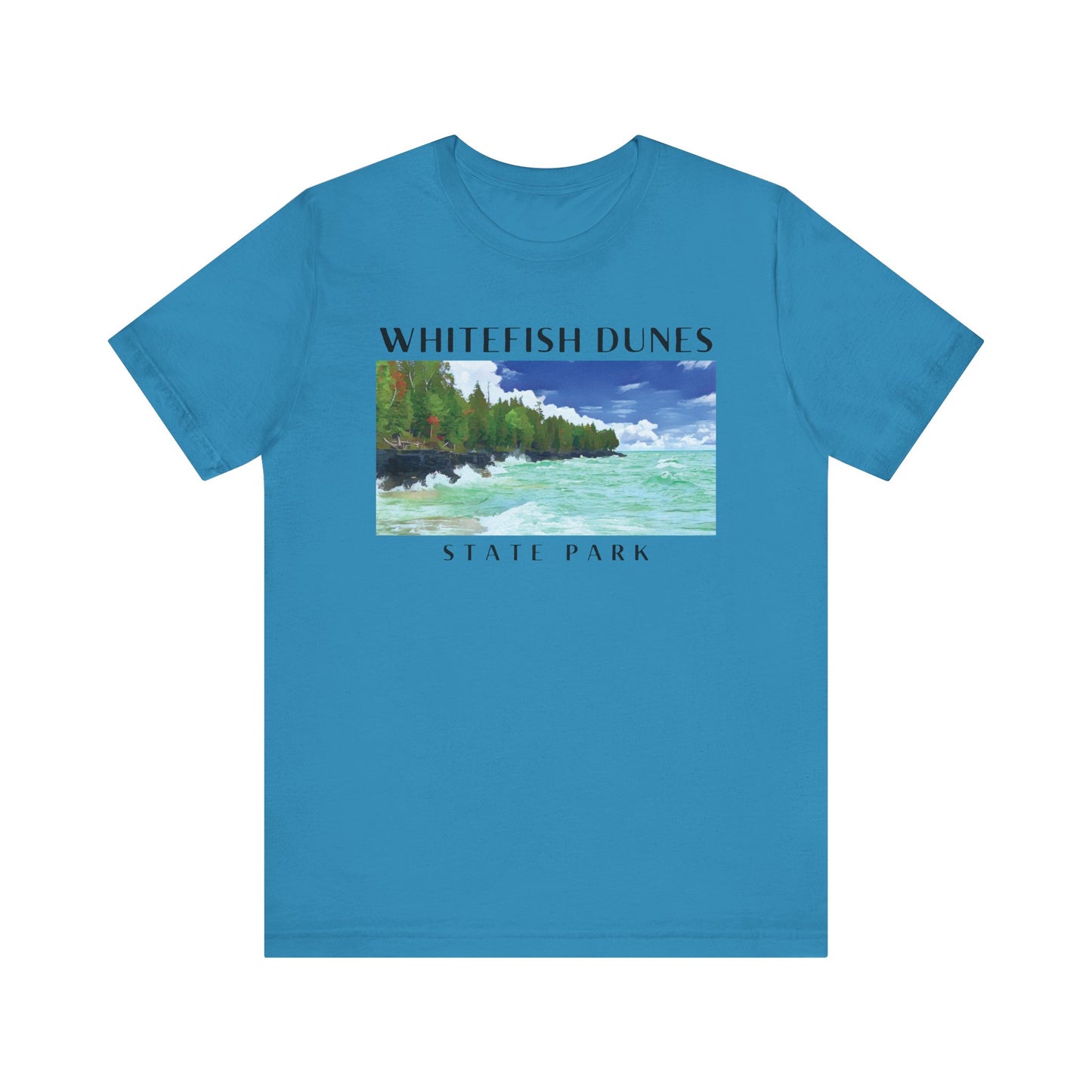 Aqua t-shirt with a scenic graphic and 'Whitefish Dunes State Park' text on a white background
