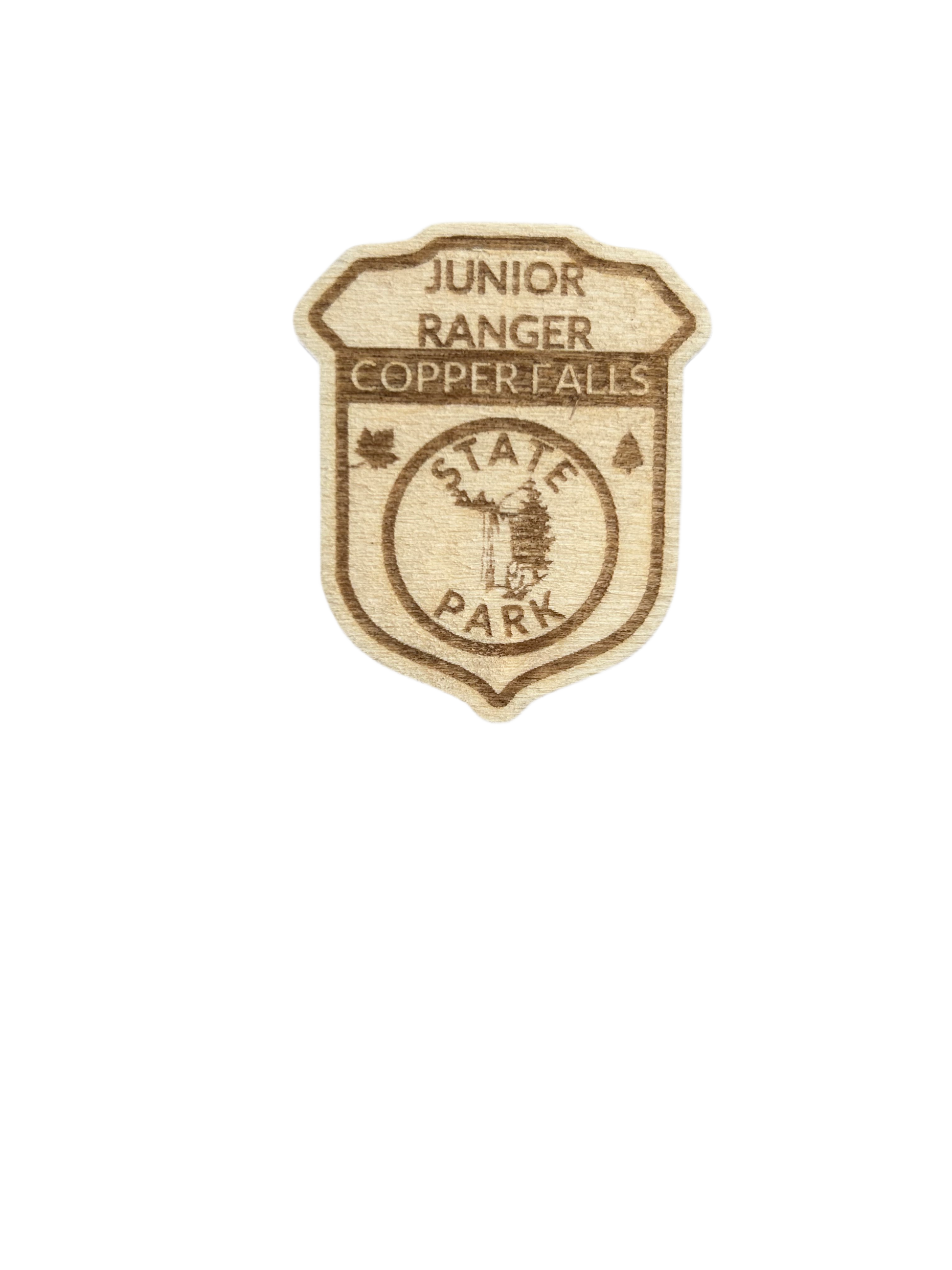 Wood badge shaped Junior Ranger Pin with Copper Falls Text and Waterfall symbol. 