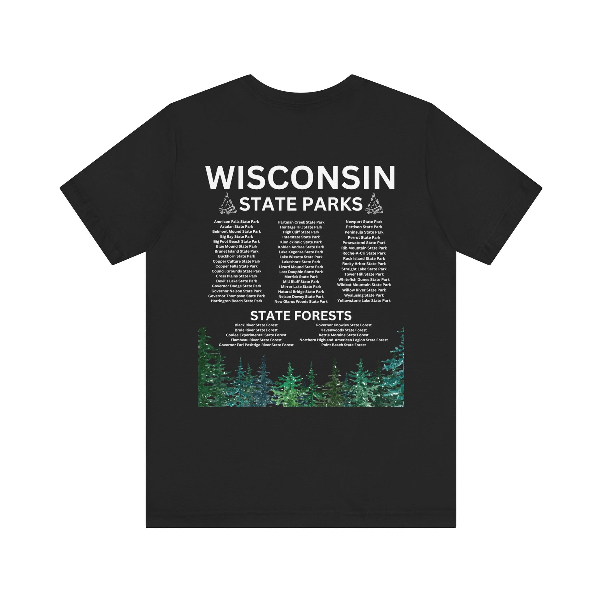 Black shirt with listing of state parks. 