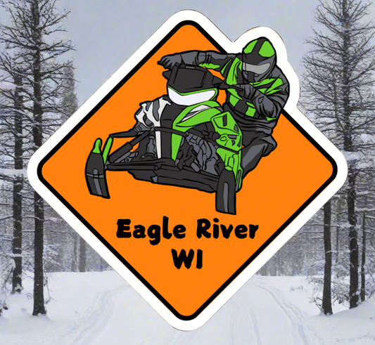 Orange snowmobile blaze symbol with snowmobile and rider image.