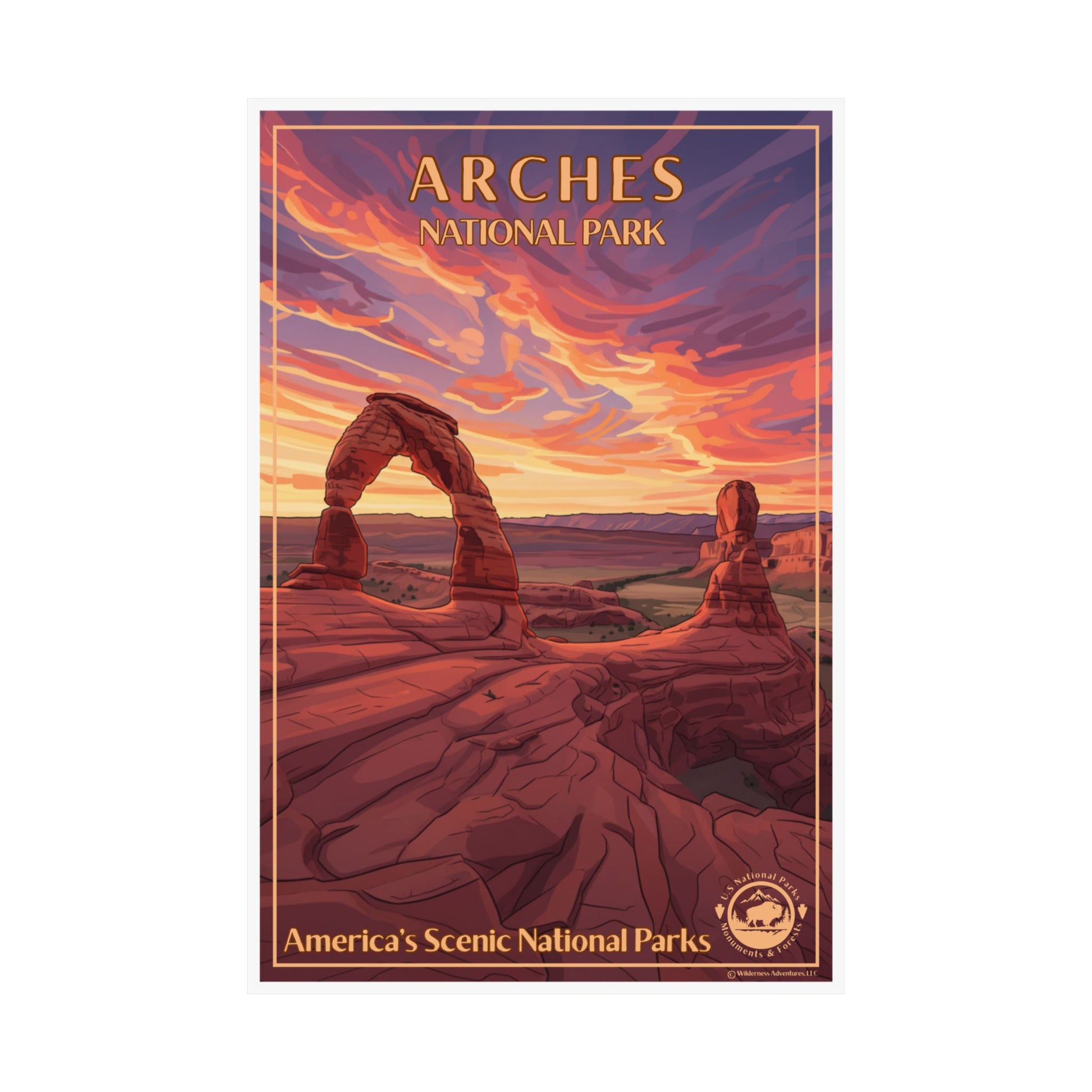 12x18” Poster of Arches National Park with a sunset over rock formations.
