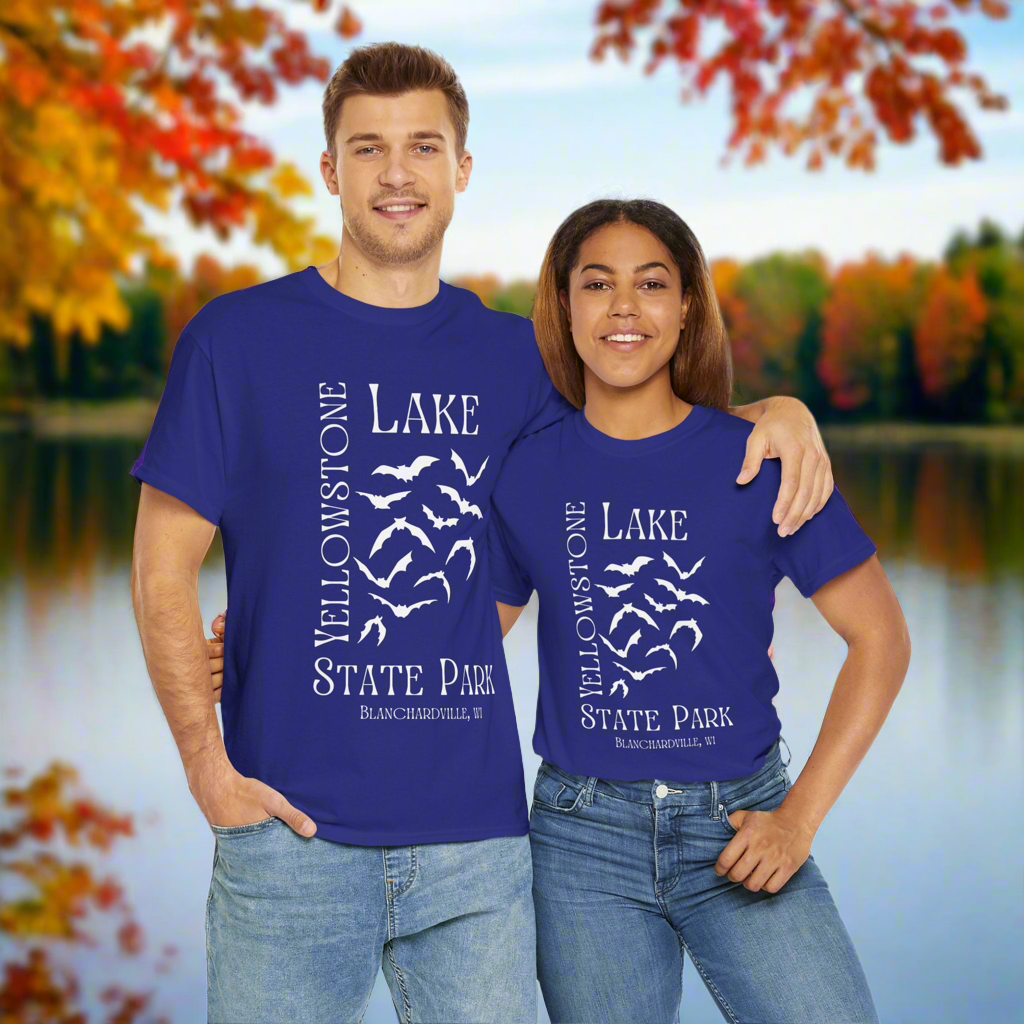 Yellowstone Lake bat design tee shirt front.