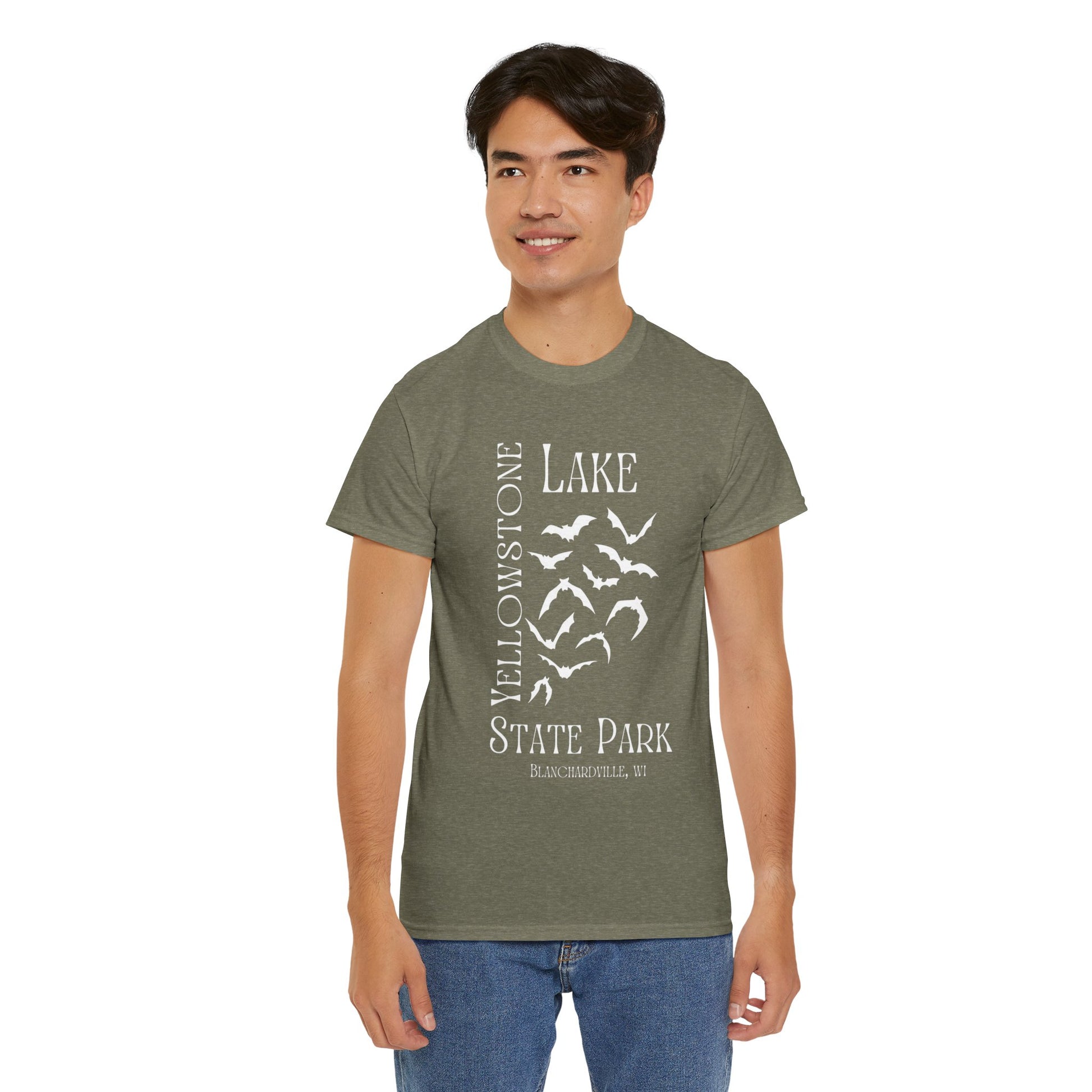 Yellowstone Lake bat design tee shirt front.