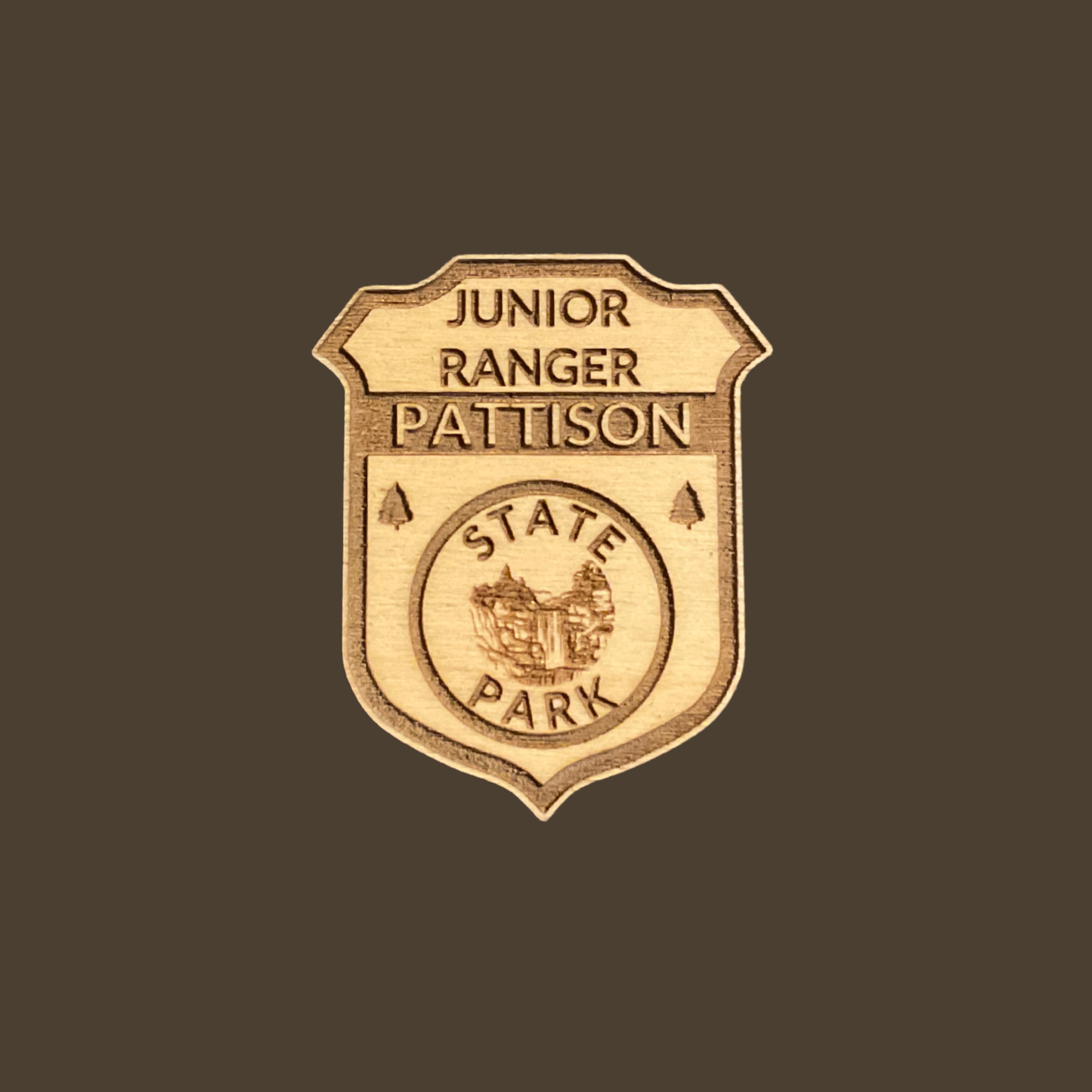Wood badge featuring the text: “Junior Ranger Pattison State Park” and a waterfall icon on a brown background.