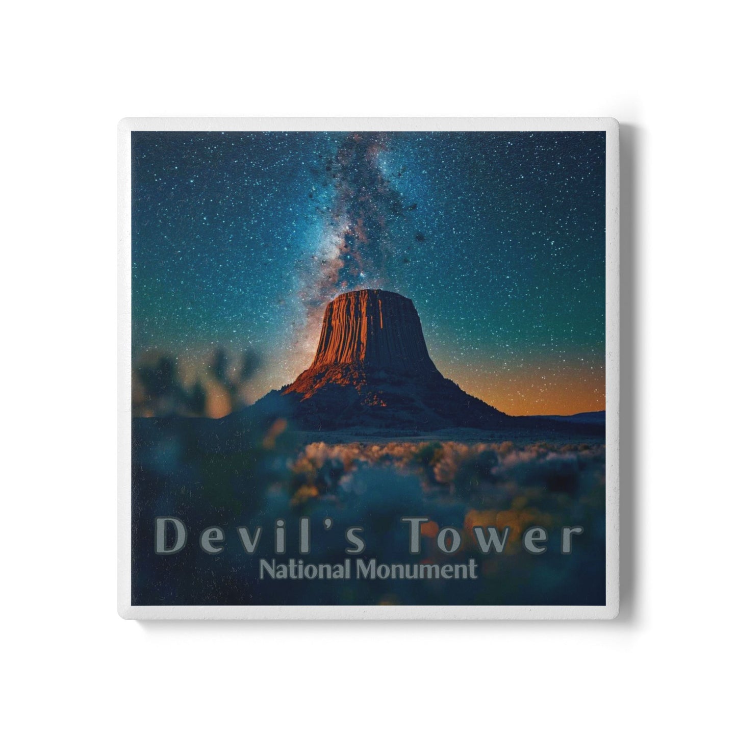 Ceramic coaster depicting a starry sky over Devils Tower national monument