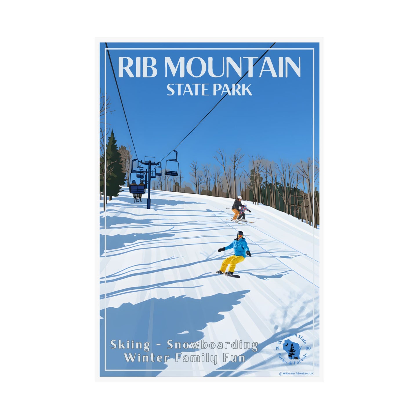 12x18” poster for Rib Mountain State Park featuring skiing and snowboarding on a wintry ski hill.