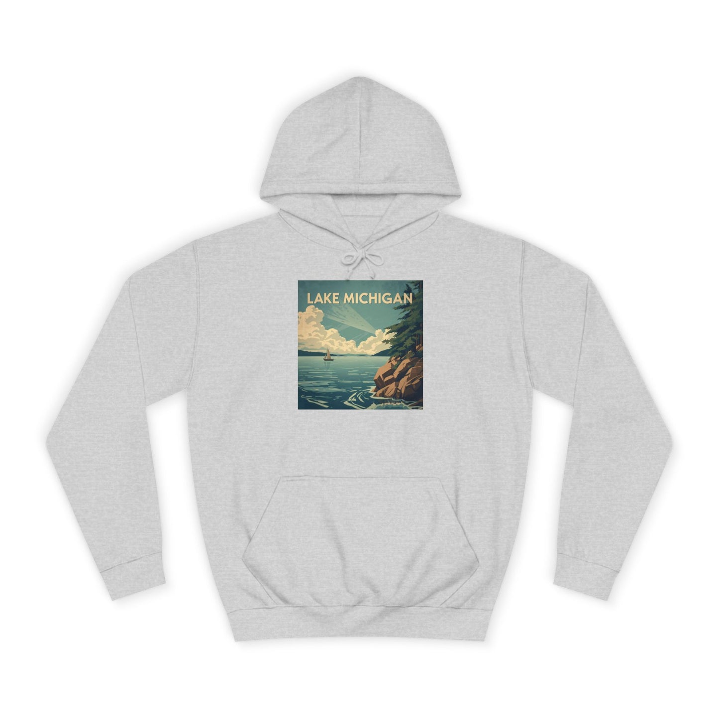 Heather Gray hoodie with a 'Lake Michigan' graphic on a white background