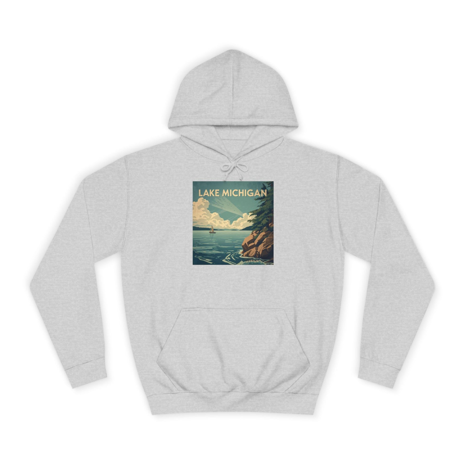 Heather Gray hoodie with a 'Lake Michigan' graphic on a white background