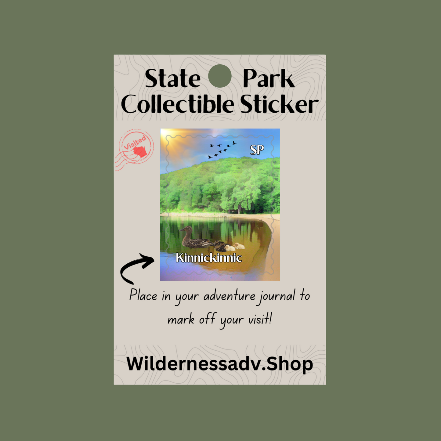 Sticker for Wisconsin State Park Adventure Journal depicting a family of ducks on the water with trees in the background.