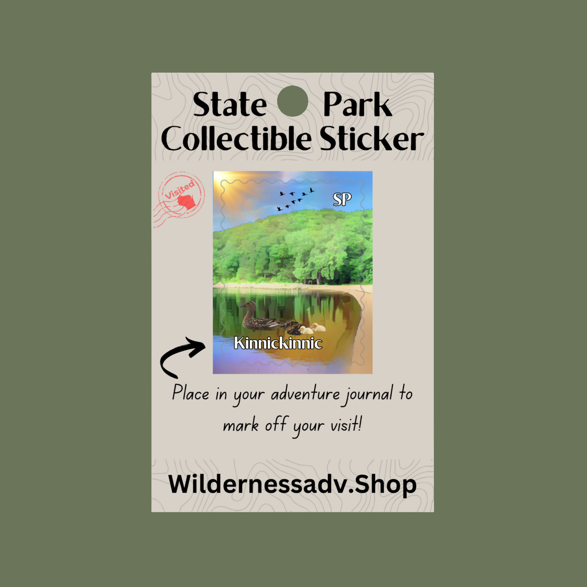 Sticker for Wisconsin State Park Adventure Journal depicting a family of ducks on the water with trees in the background.