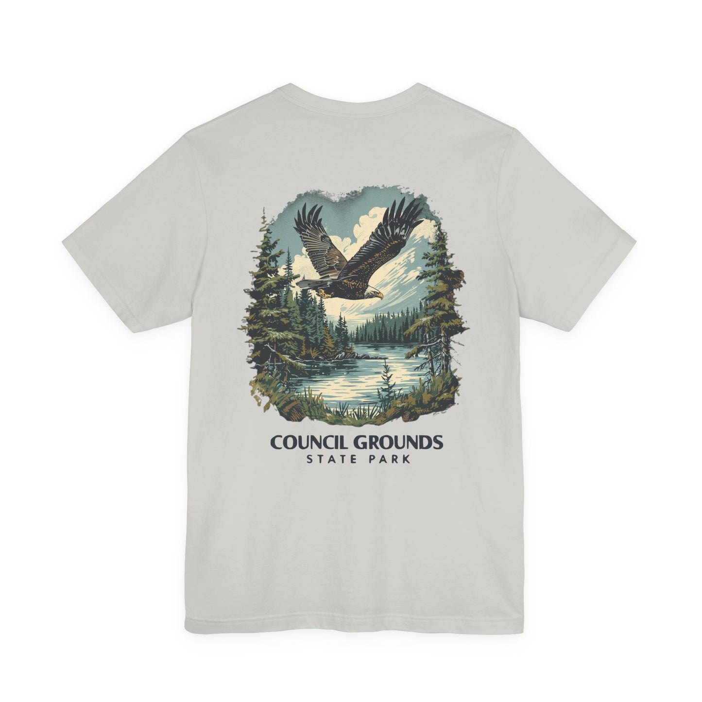 White t-shirt with eagle graphic and 'Council Grounds State Park' text on a white background