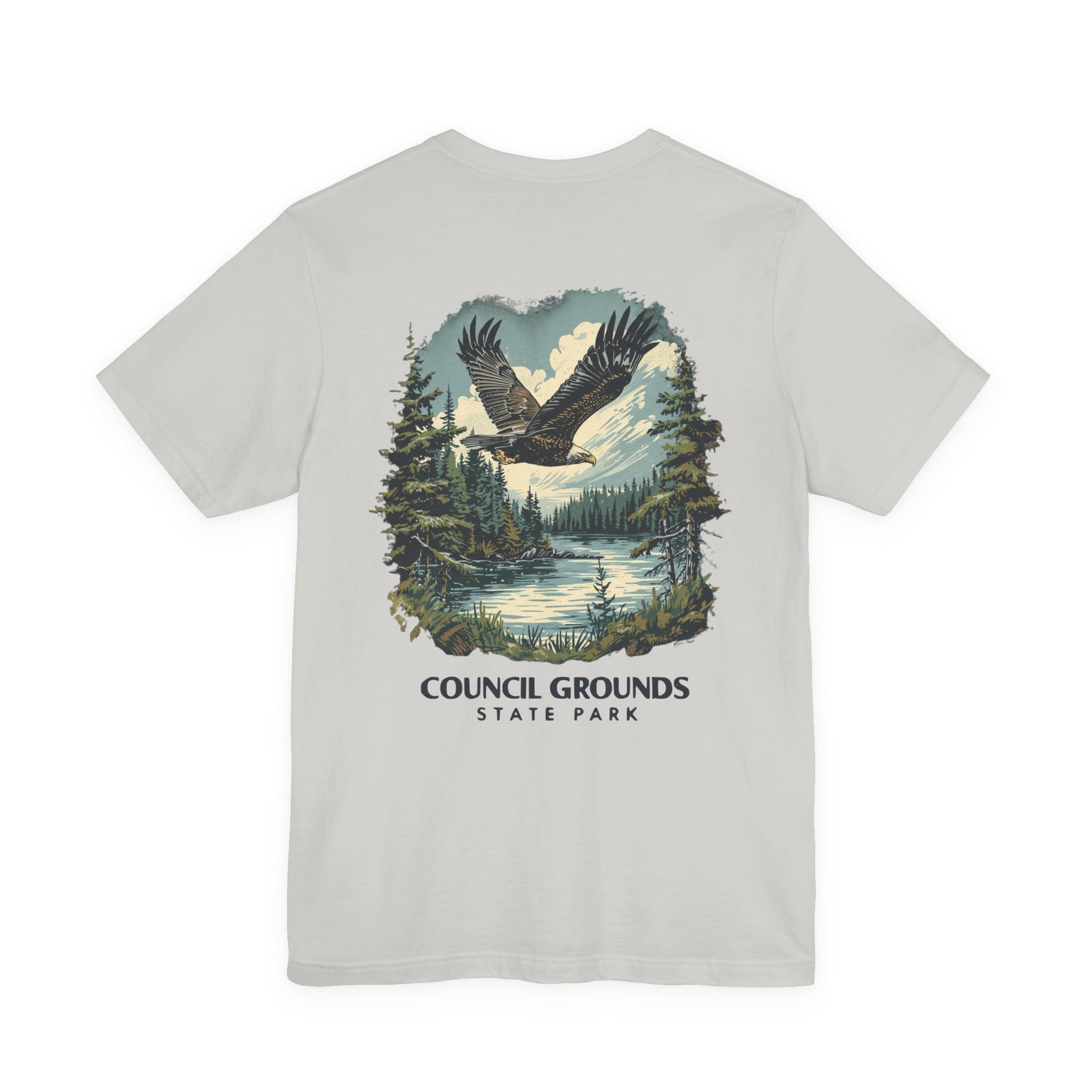 White t-shirt with eagle graphic and 'Council Grounds State Park' text on a white background