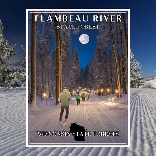 18x24” poster depicting a skier and snowshoers going down a candlelight trail through the woods and towering pines.  Photo background: Groomed ski trail and snow covered pine trees. 