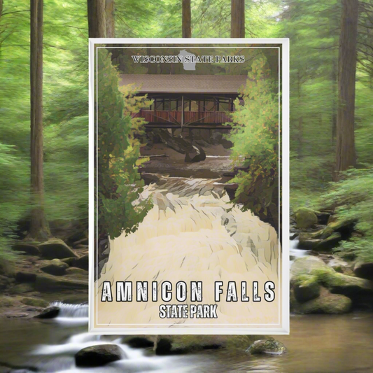 2x3” ccc inspired design of Amnicon falls and covered bridge.