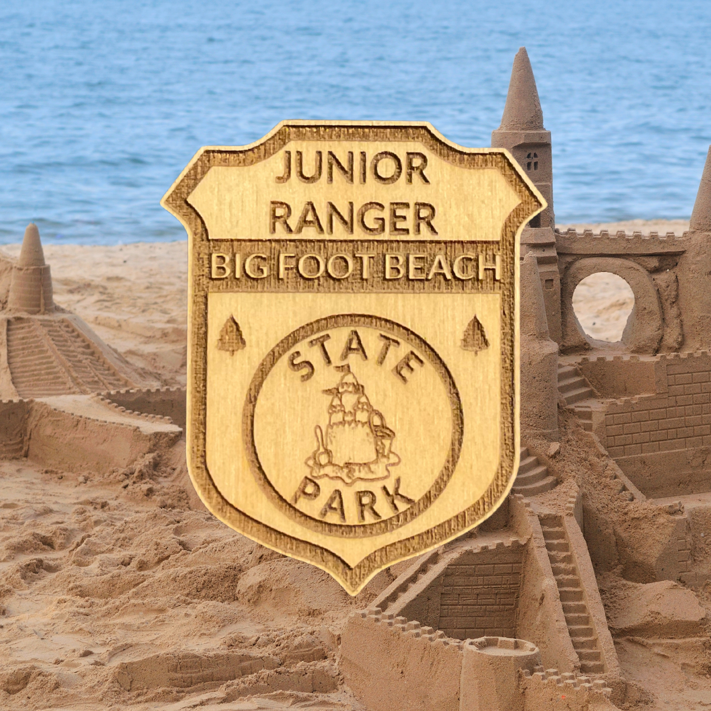 Laser engraved wood badge featuring the text: “Junior Big Foot Beach State Park” with the icon of a sandcastle.  Photo Background: sandcastle built on a sandy beach next to the water.