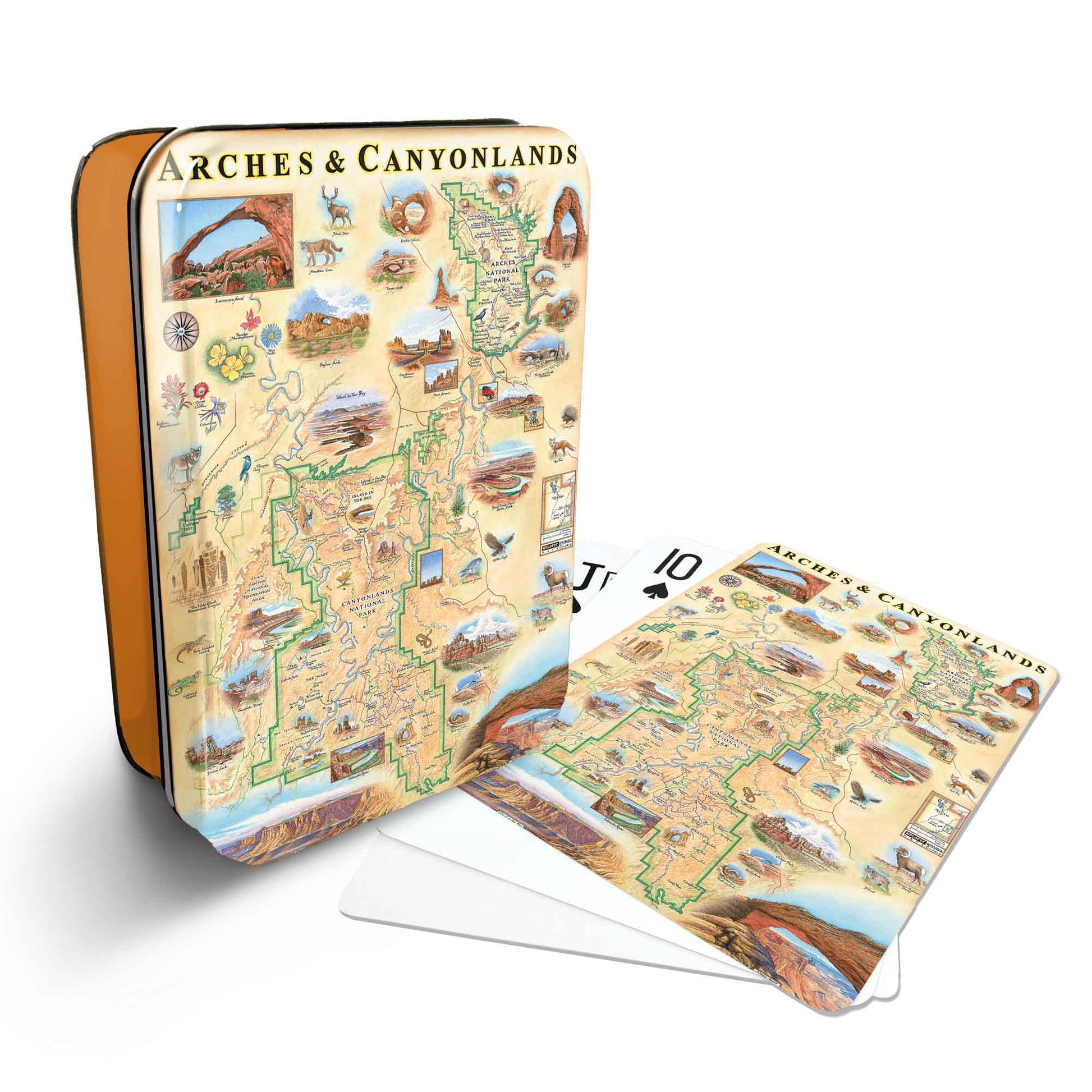 Arches national Park map themed playing cards against a white background.