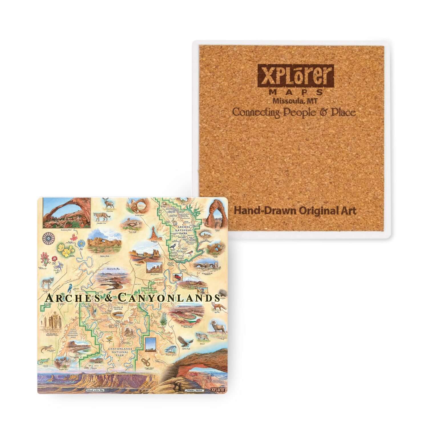 Two square coasters shown on a white background: one with a tan cork backing and white border featuring the Xplorer Maps logo, and one with a detailed illustrated map of the Arches & Canyonlands region.