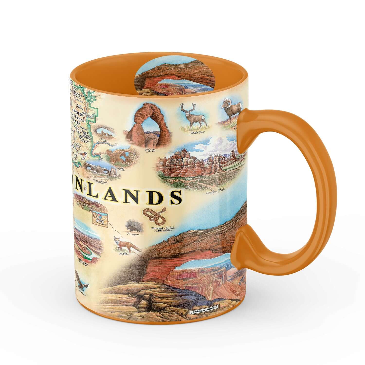 A ceramic mug, with a hand drawn map of arches and canyonlands national Park