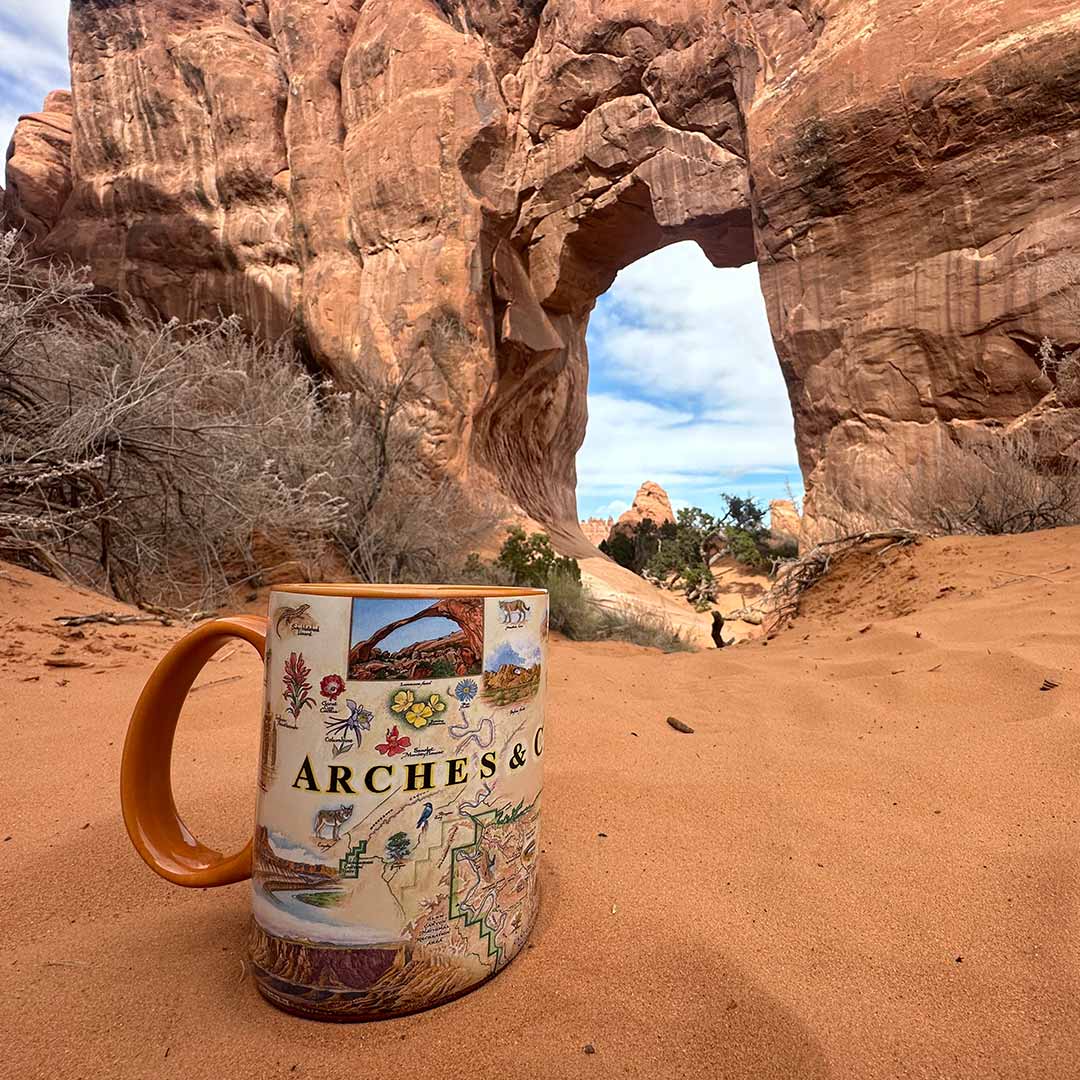 A ceramic mug with an Arches National Park illustration sits on sandy ground in front of a large natural rock arch.