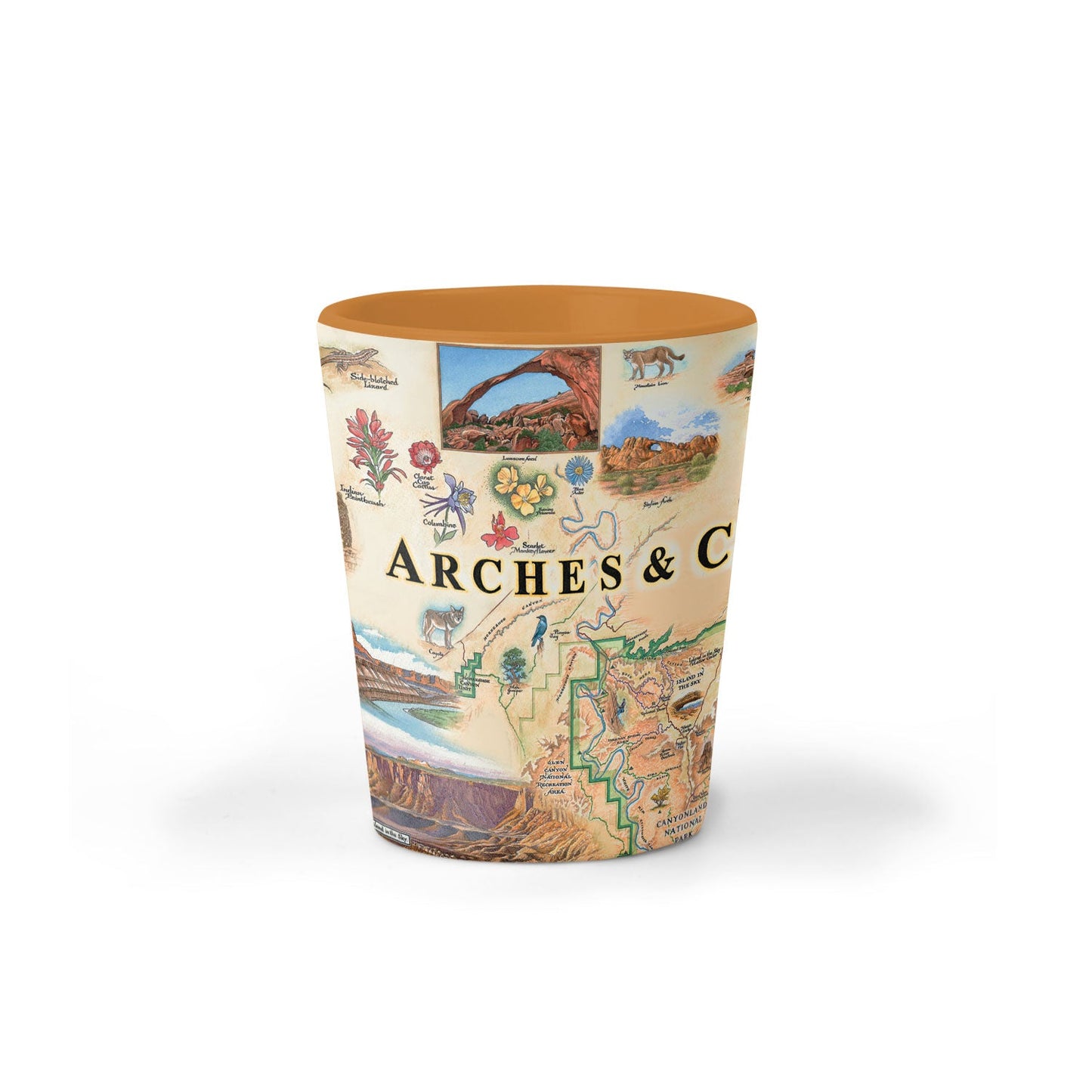 A cylindrical shot glass featuring a detailed illustrated map and scenic collage of Arches National Park, with a solid terracotta orange rim, set against a clean white background.