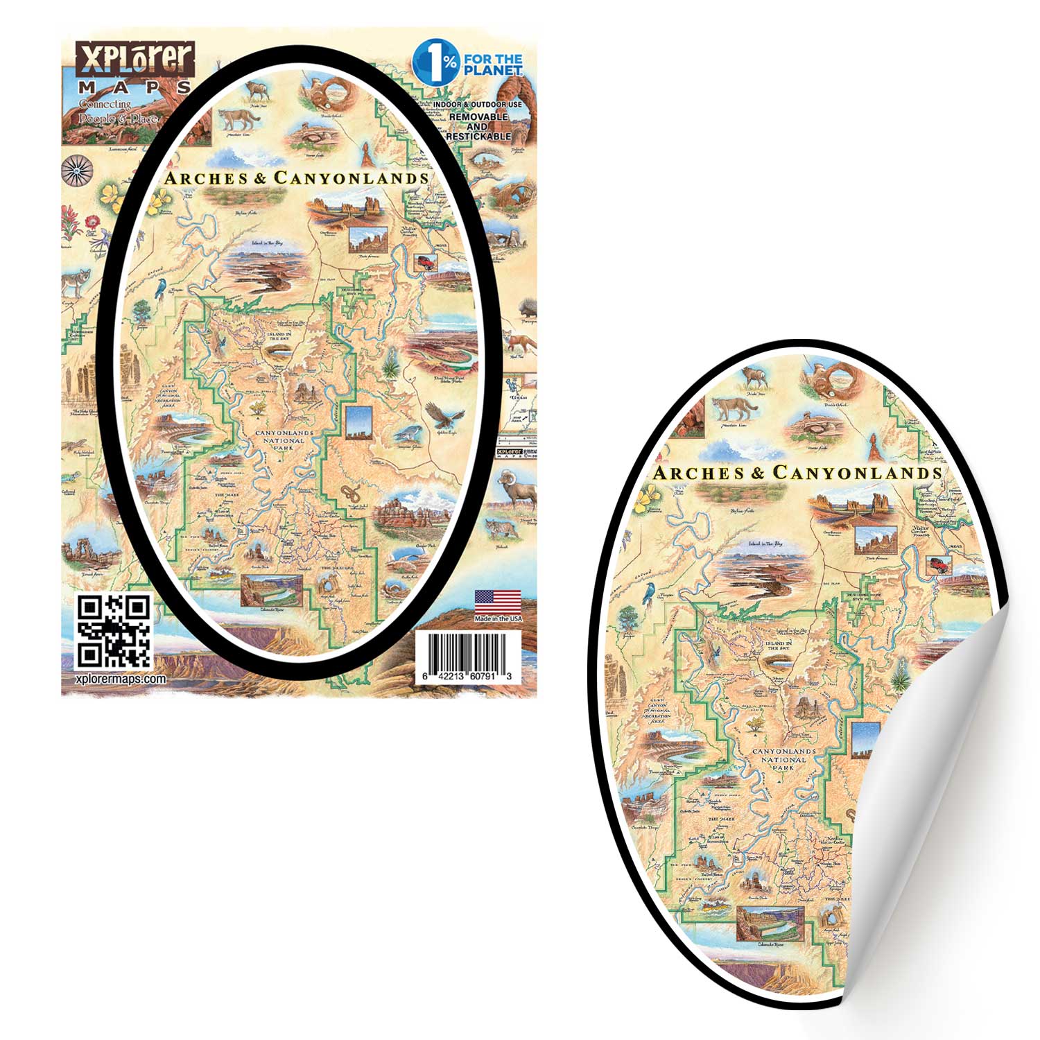 A map-style sticker or decal featuring the Arches and Canyonlands region, shown both flat and peeled back to reveal a white backing. The product has a vintage illustrated design with beige background, green outlines, and small scenic details.
