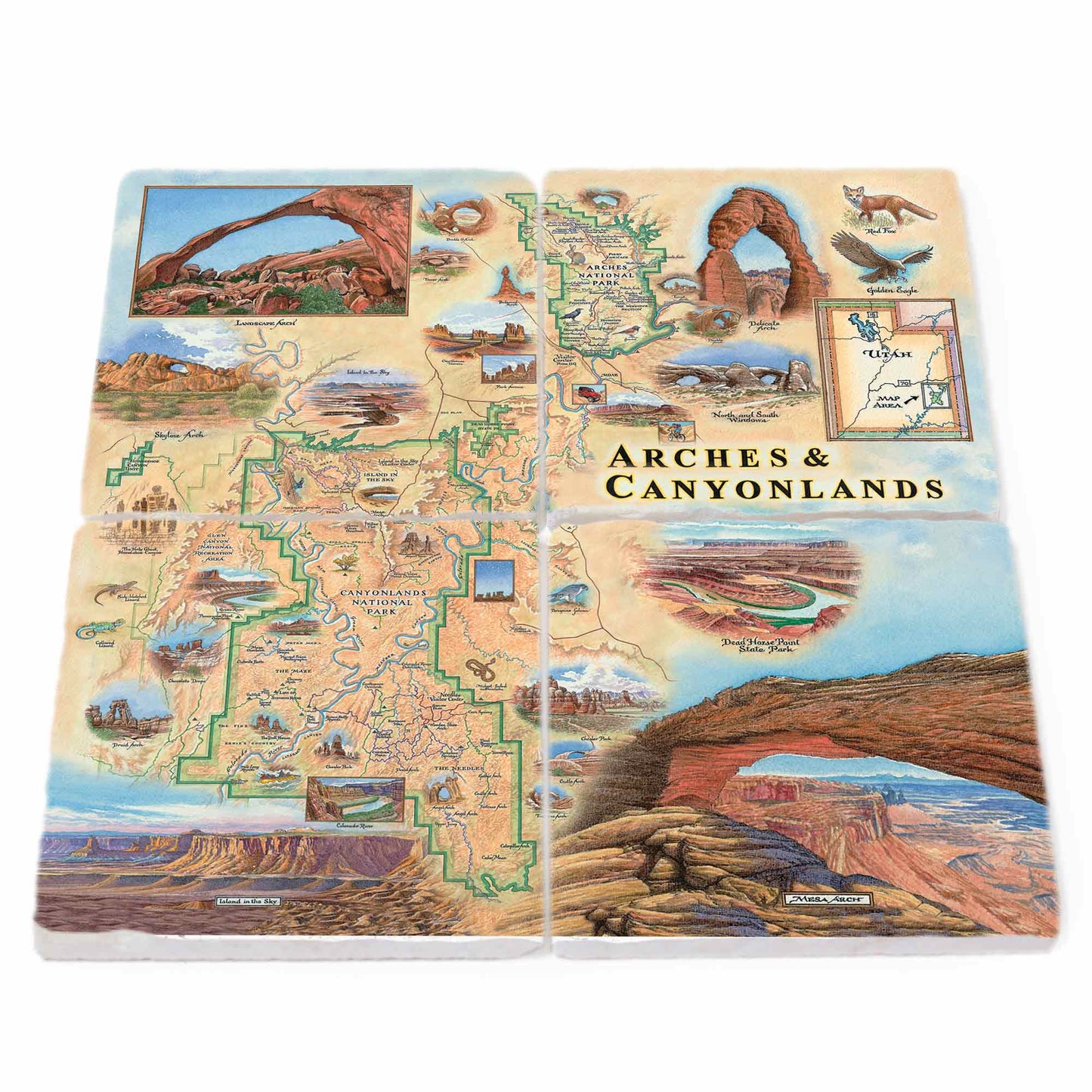 A set of four square coasters featuring illustrated maps and scenic artwork of Arches National Park, including desert landscapes, arches, and a map layout.