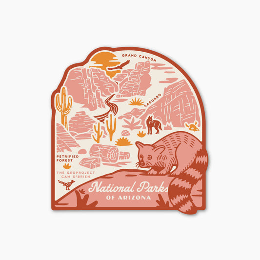 Sticker with illustrations of Arizona national parks and animals on a white background
