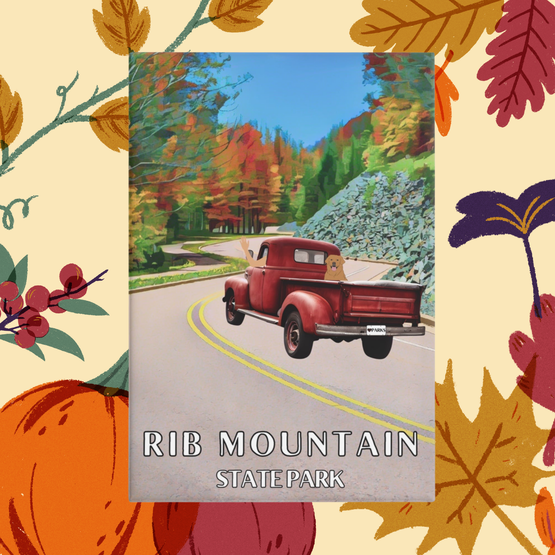 Button Magnet with a design featuring a vintage red truck driving up the enter ace road of Rib Mountain State Park lined with trees in fall color.  Photo Background: leaves and pumpkins.