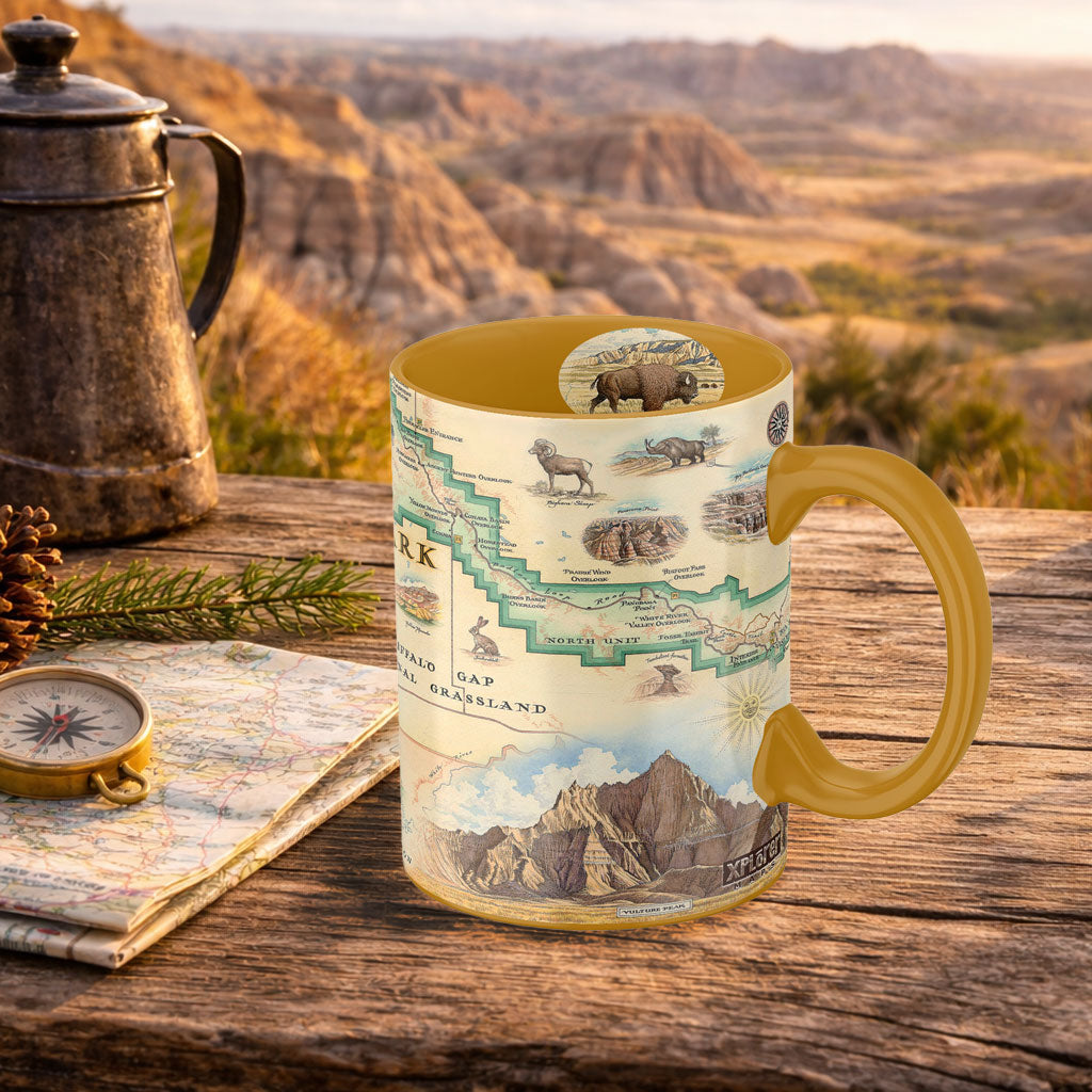 Mug with map design on a wooden surface with scenic background