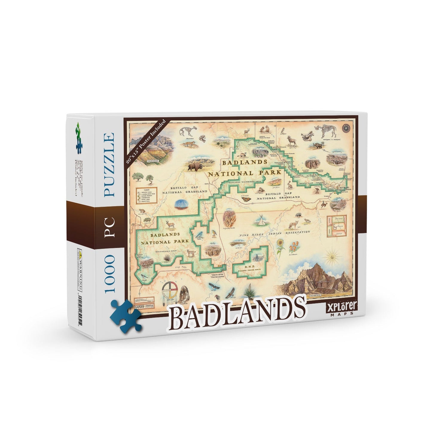 A 1000-piece jigsaw puzzle box from Xplorer featuring an illustrated vintage map of Badlands National Park, shown on a clean white background.