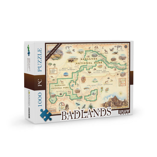 A 1000-piece jigsaw puzzle box from Xplorer featuring an illustrated vintage map of Badlands National Park, shown on a clean white background.