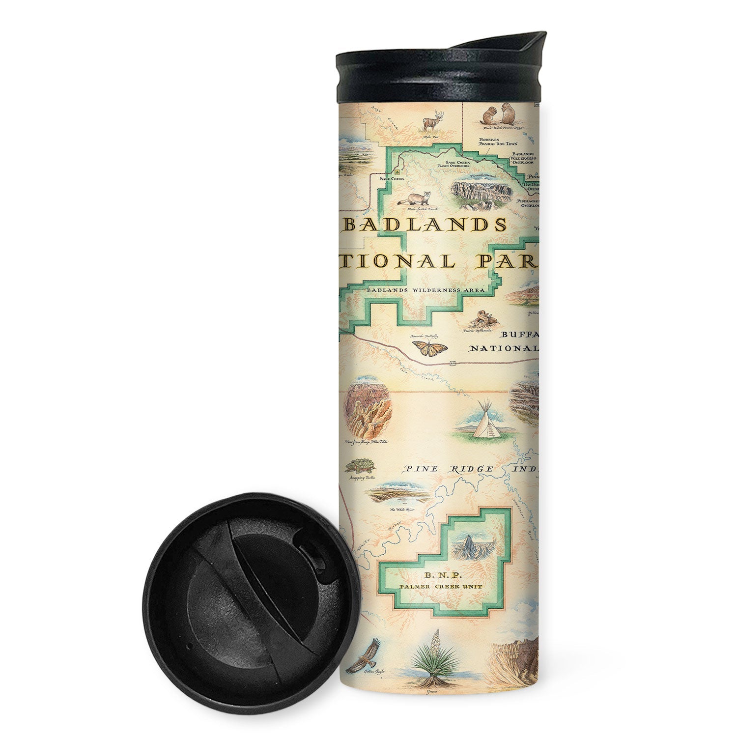 A tall insulated travel tumbler with a black lid, featuring a vintage-style map print of Badlands National Park. A separate black lid is shown in front of the tumbler on a clean white background.