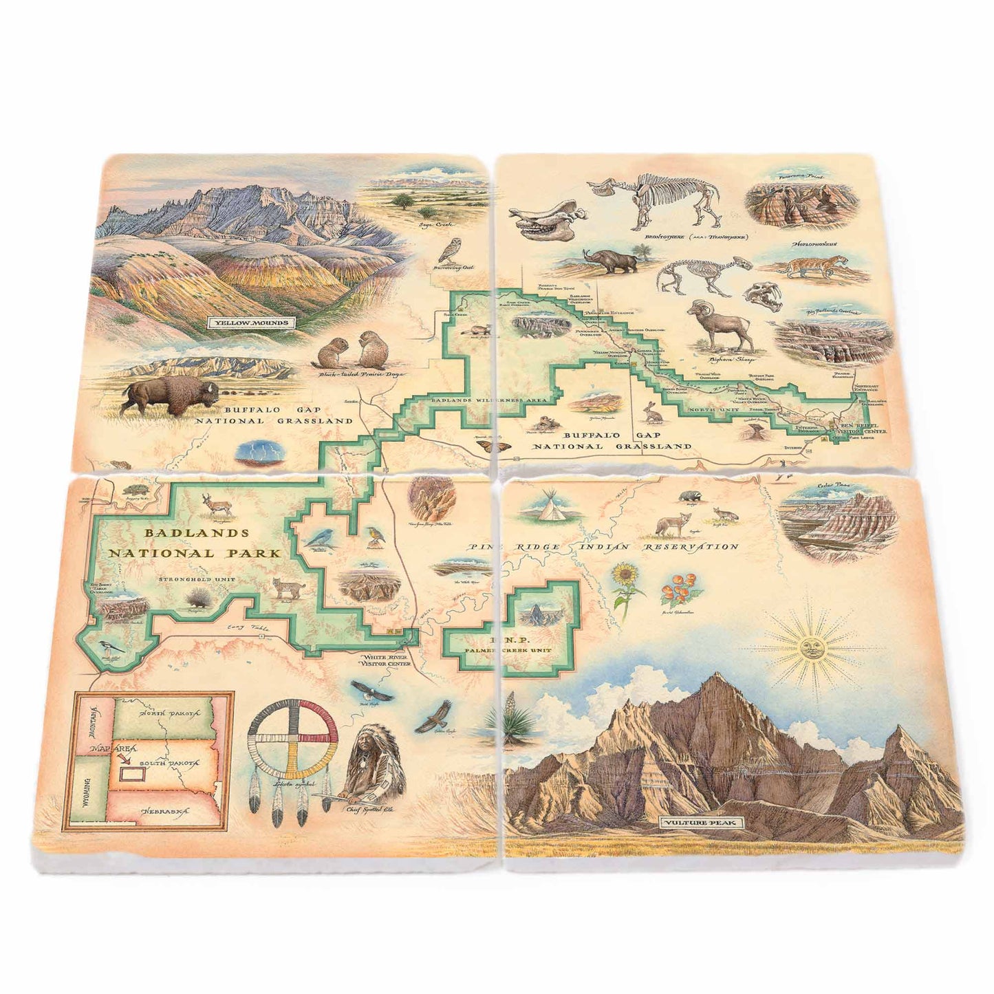 A set of four square ceramic coasters featuring vintage-style illustrations of badlands National park.