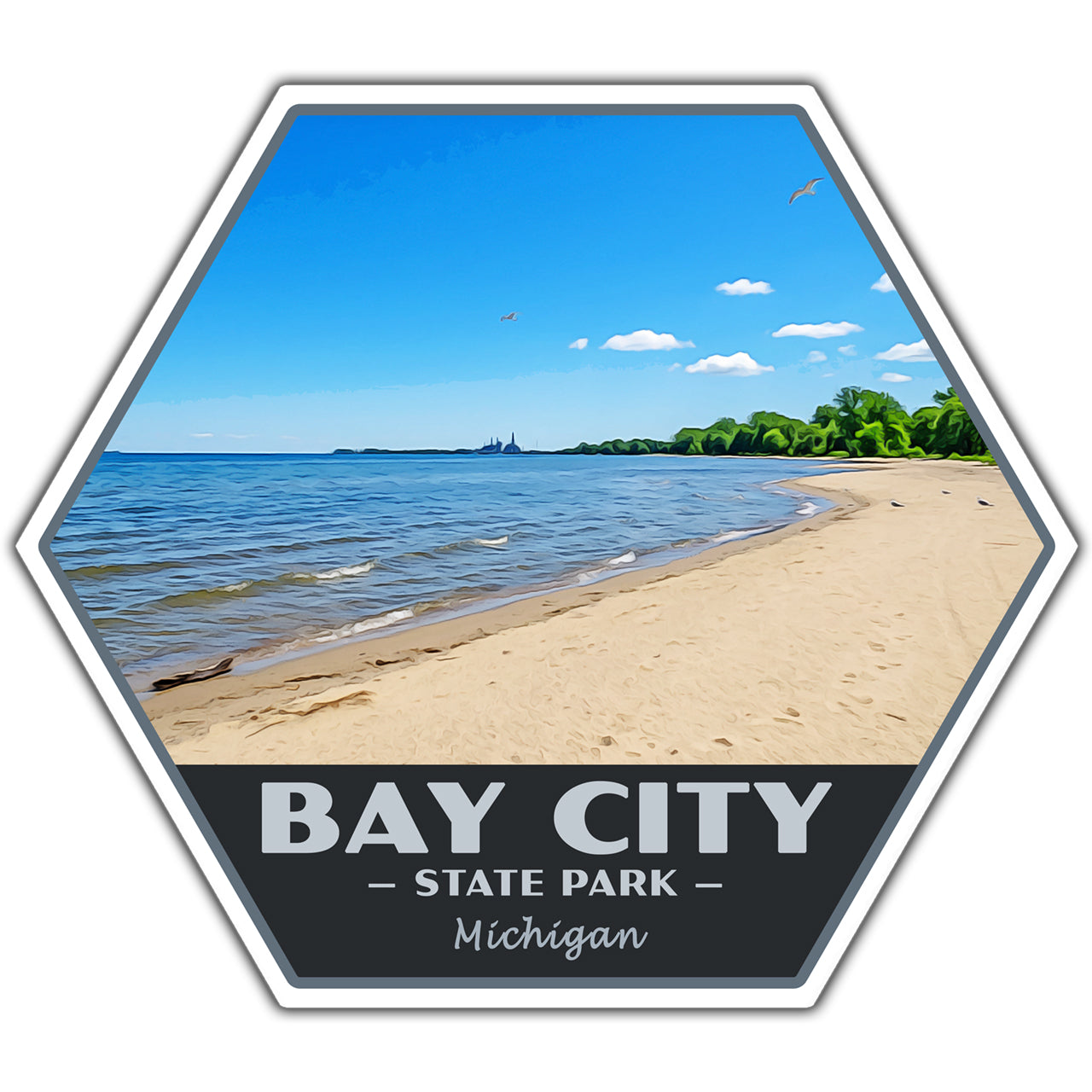 Hexagonal sticker of Bay City State Park with beach and lake view