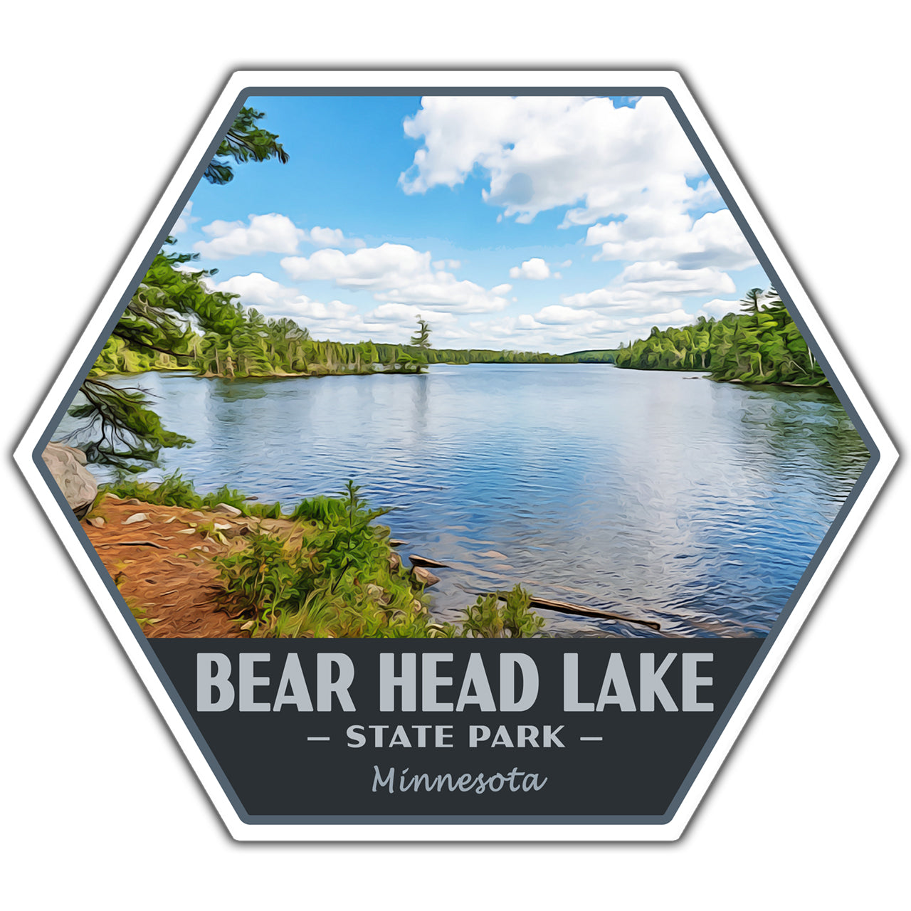 A hexagonal sticker featuring a scenic photograph of Bear Head Lake in Minnesota, with a dark gray bottom banner reading “BEAR HEAD LAKE • STATE PARK • Minnesota.”.