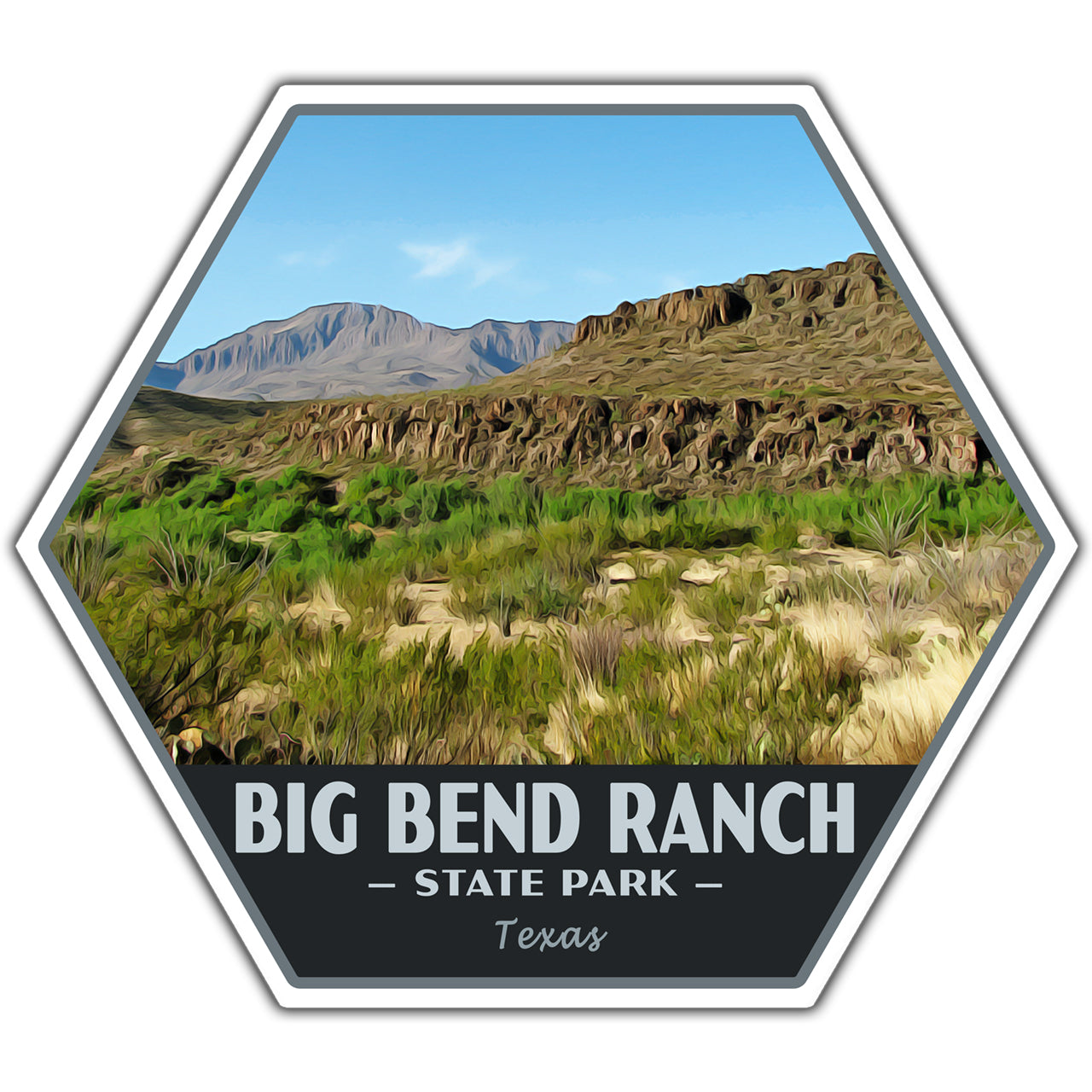 A hexagonal sticker featuring a painted desert landscape with green brush, rocky cliffs, and mountains under a blue sky, with the text 'BIG BEND RANCH - STATE PARK - Texas' on a dark band at the bottom.