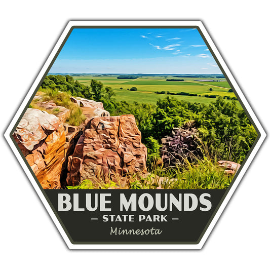 Hexagonal sticker with a scenic view of Blue Mounds State Park, Minnesota.