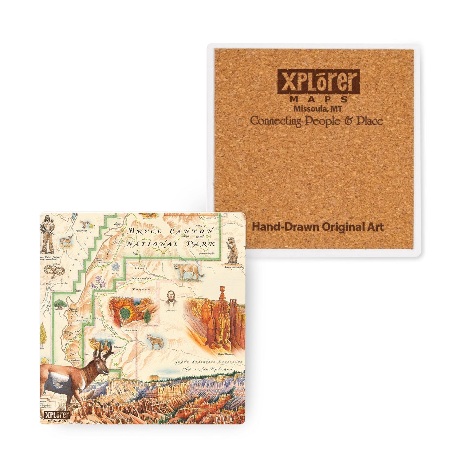 Two square coasters shown on a white background: one side view made of tan cork with a printed Xplorer Maps label, and one top view showing a detailed hand-drawn map of Bryce Canyon National Park with animals and landscape illustrations.