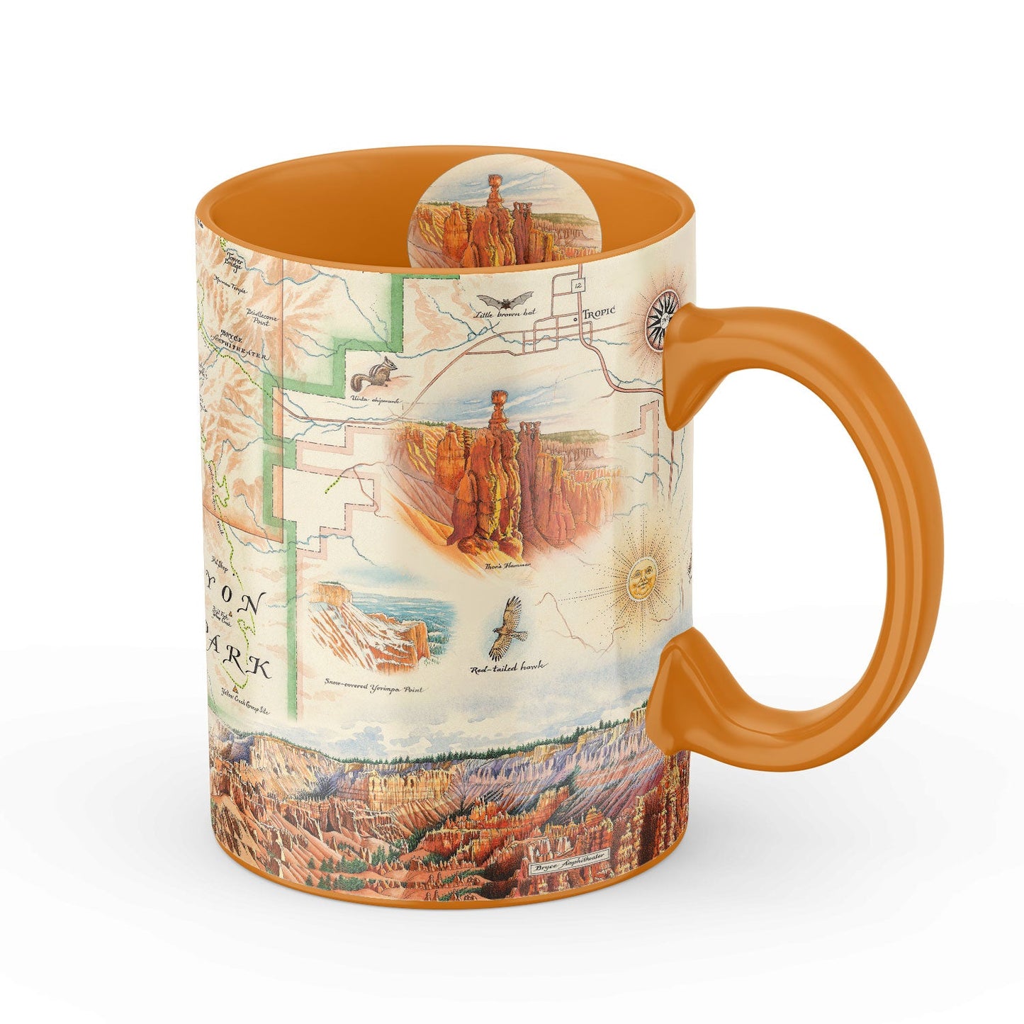 A ceramic mug featuring a detailed map and landscape illustration of Bryce Canyon National Park, with an orange handle and orange interior, shown on a white background.