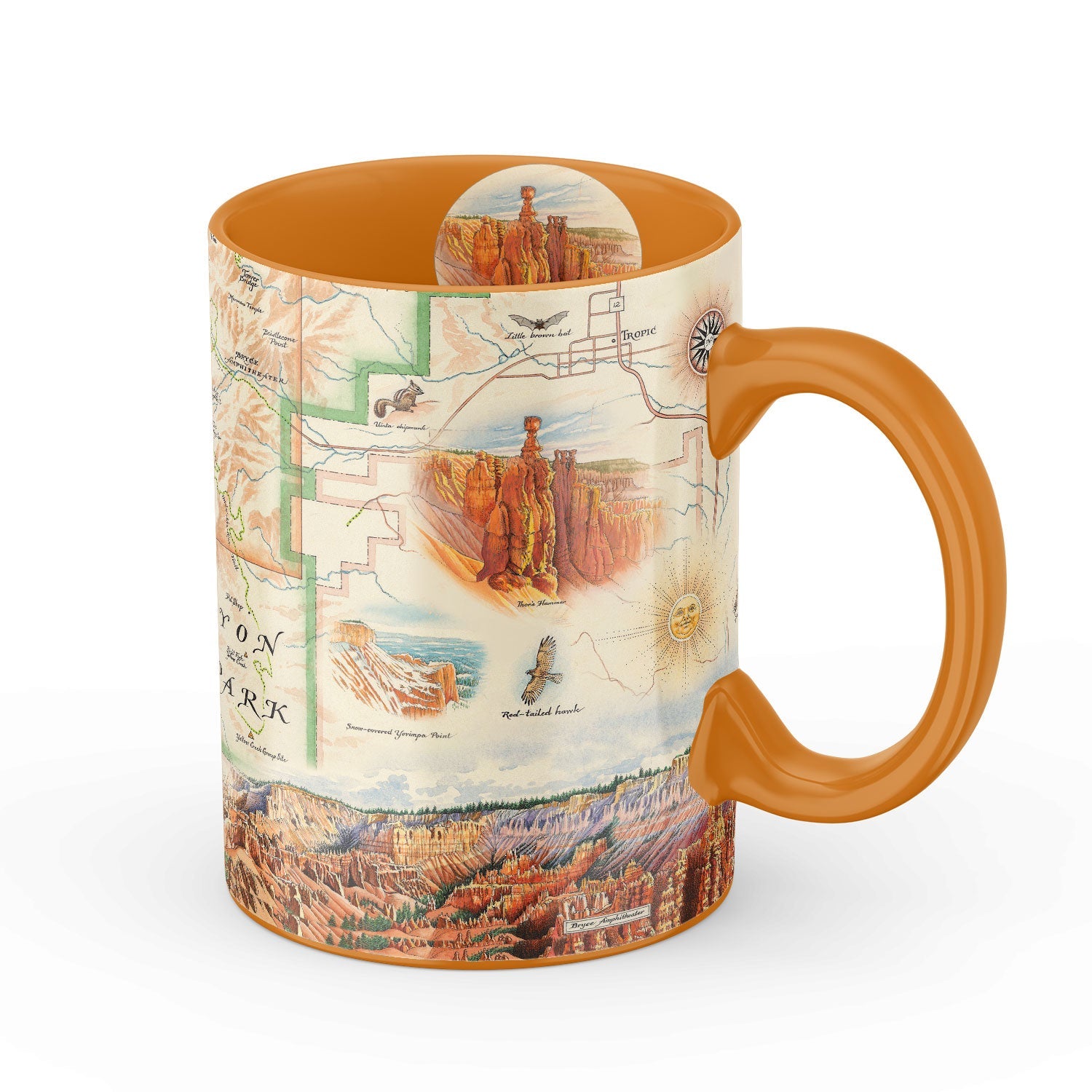 A ceramic mug featuring a detailed map and landscape illustration of Bryce Canyon National Park, with an orange handle and orange interior, shown on a white background.
