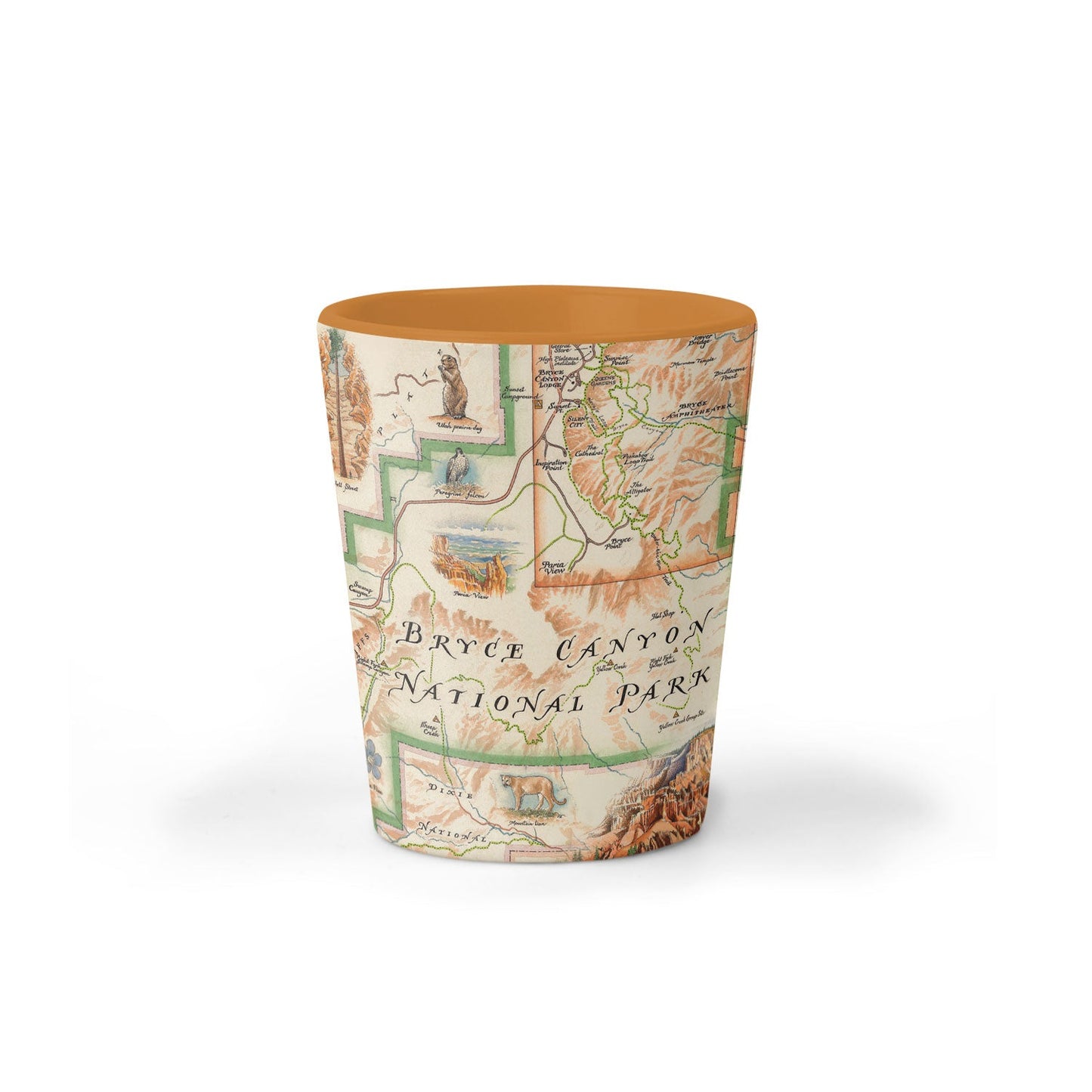 A cylindrical shot glass featuring a vintage map print of Bryce Canyon National Park, with a solid terracotta orange rim, shown on a clean white background.