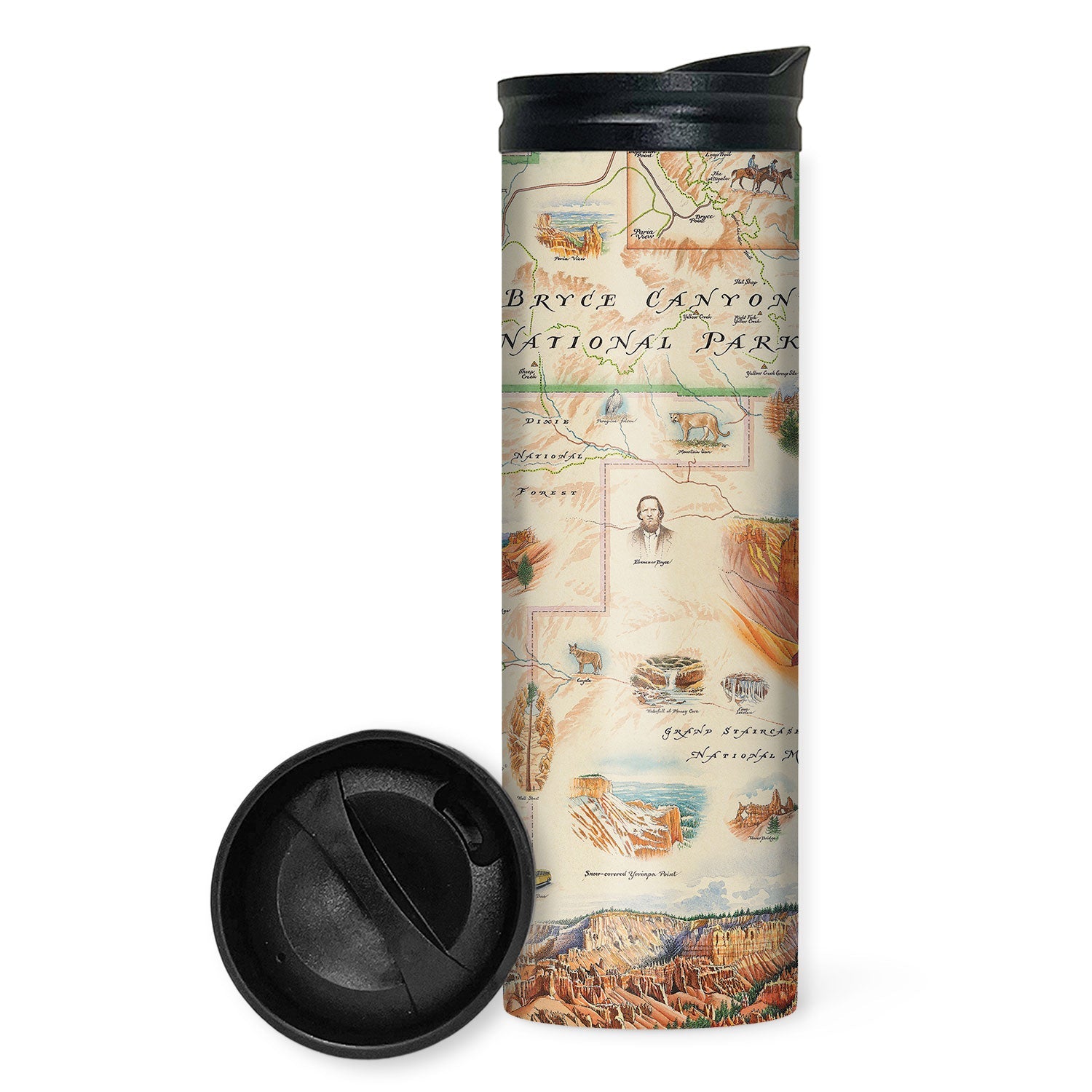 A tall insulated travel tumbler with a black flip-top lid, featuring a vintage-style Bryce Canyon National Park map print. The lid is shown detached and placed in front of the tumbler on a clean white background.