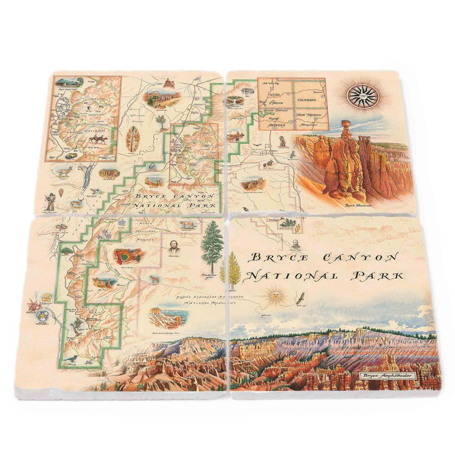 Four square coasters featuring vintage-style maps and illustrations of Bryce Canyon National Park, arranged in a 2x2 grid on a white background.
