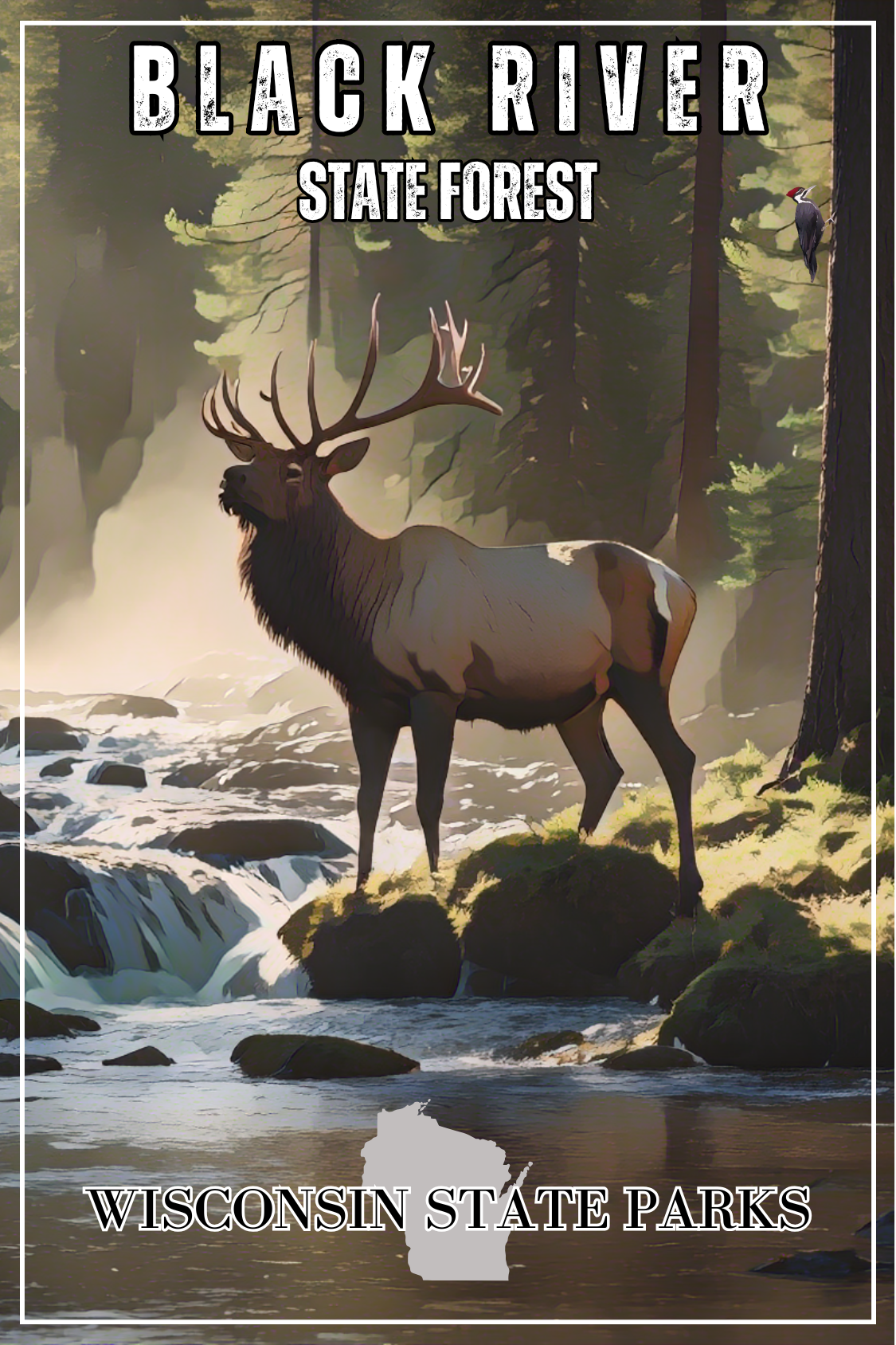 Close up of CCC inspired Black River State Forest design of an elk standing in a creek.