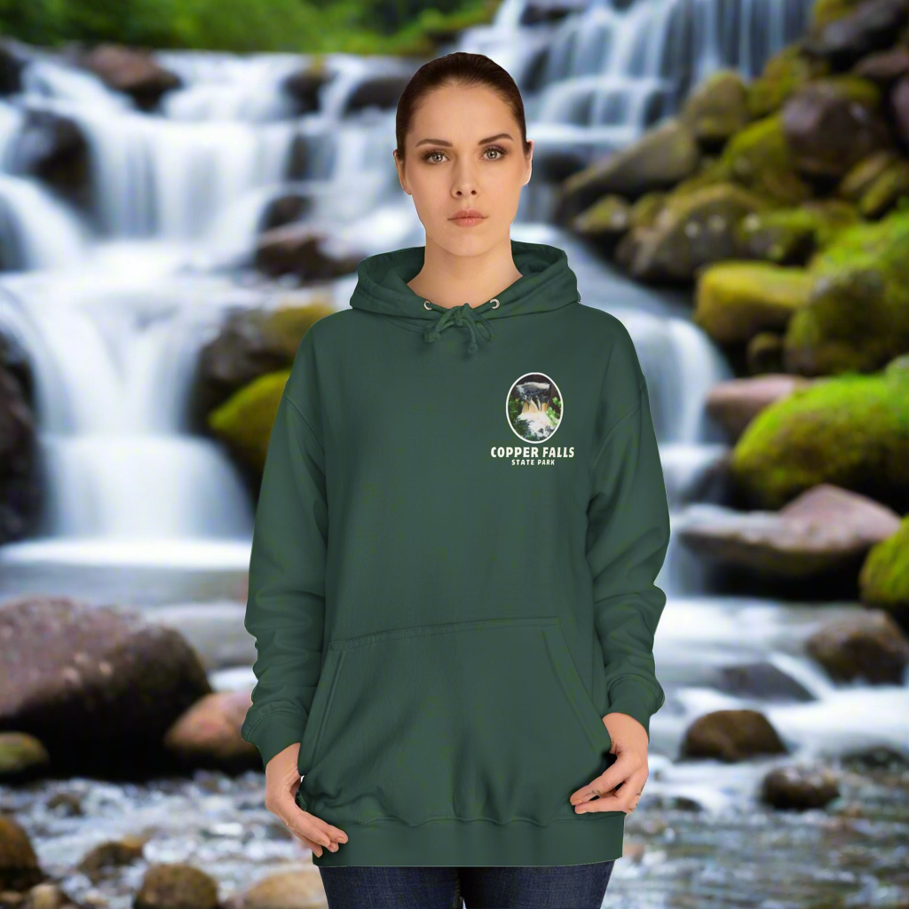 Copper falls sweatshirt front design in bottle green. 