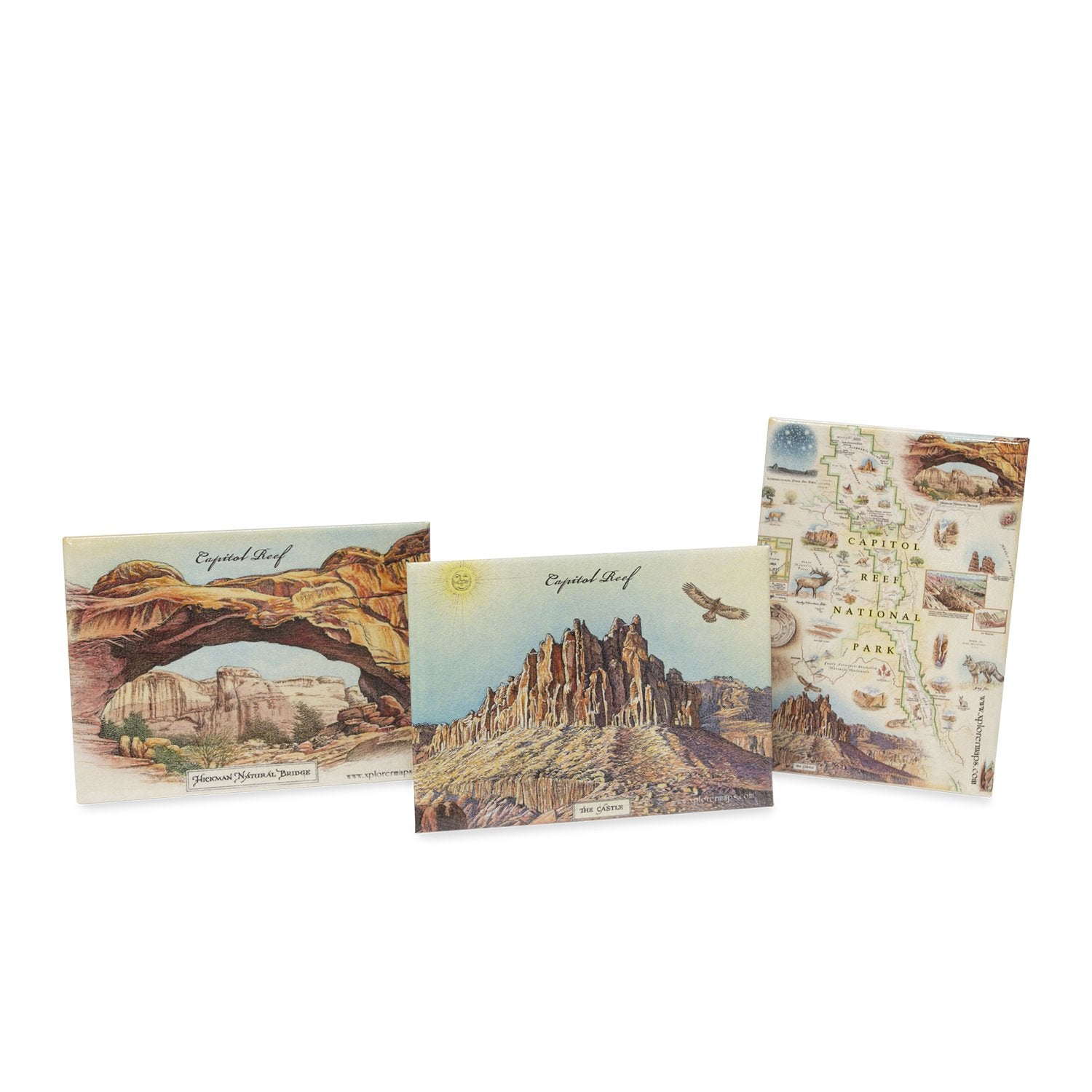Three vintage-style magnets featuring desert landscape illustrations, including a large sandstone arch, rock formations, and a detailed map, arranged on a plain white background.