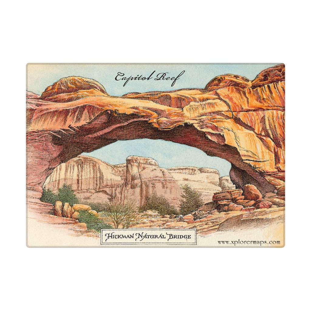 A vintage-style illustrated magnet showing a natural rock arch landscape labeled 'Capitol Reef' and 'Hickman Natural Bridge,' with warm orange and brown canyon rock formations under a pale blue sky. The print is photographed on a plain white background.