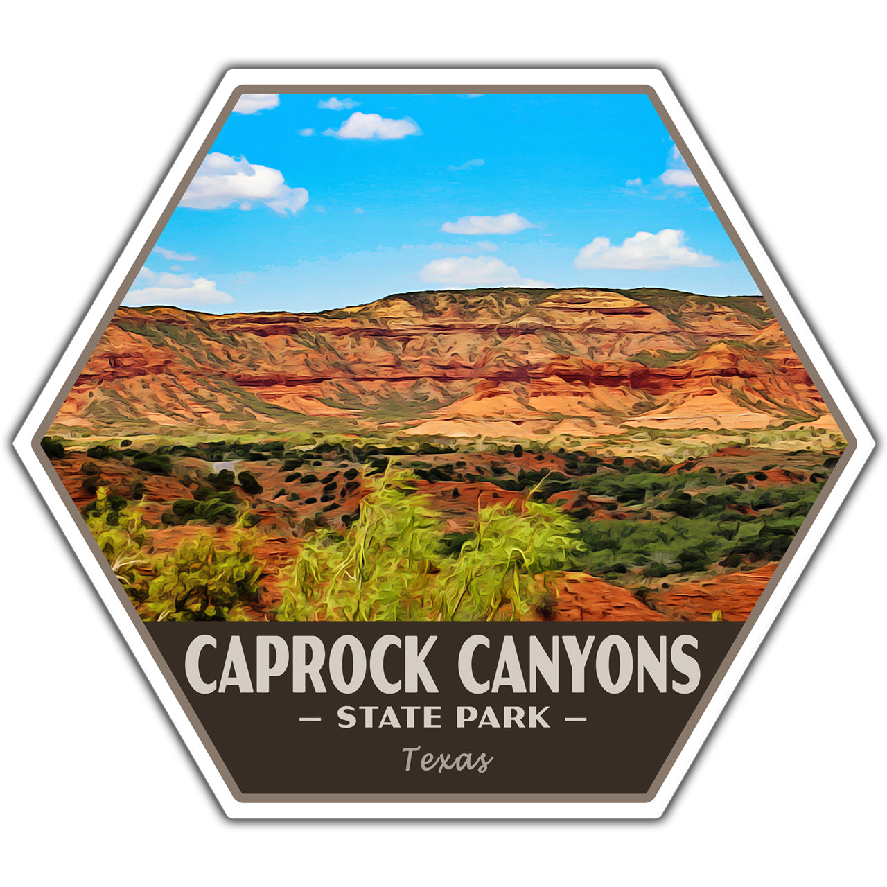 A hexagonal sticker featuring a stylized landscape of Caprock Canyons State Park in Texas, with layered red and orange canyon walls, green shrubs, a blue sky with clouds, and the text 'CAPROCK CANYONS STATE PARK Texas' on a dark brown band at the bottom.