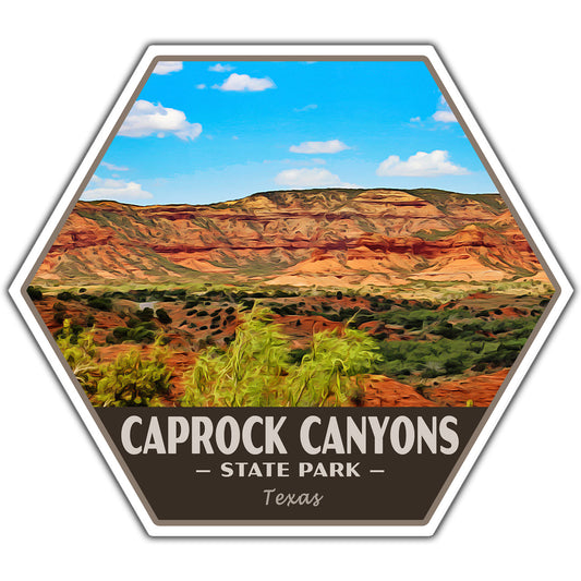 A hexagonal sticker featuring a stylized landscape of Caprock Canyons State Park in Texas, with layered red and orange canyon walls, green shrubs, a blue sky with clouds, and the text 'CAPROCK CANYONS STATE PARK Texas' on a dark brown band at the bottom.